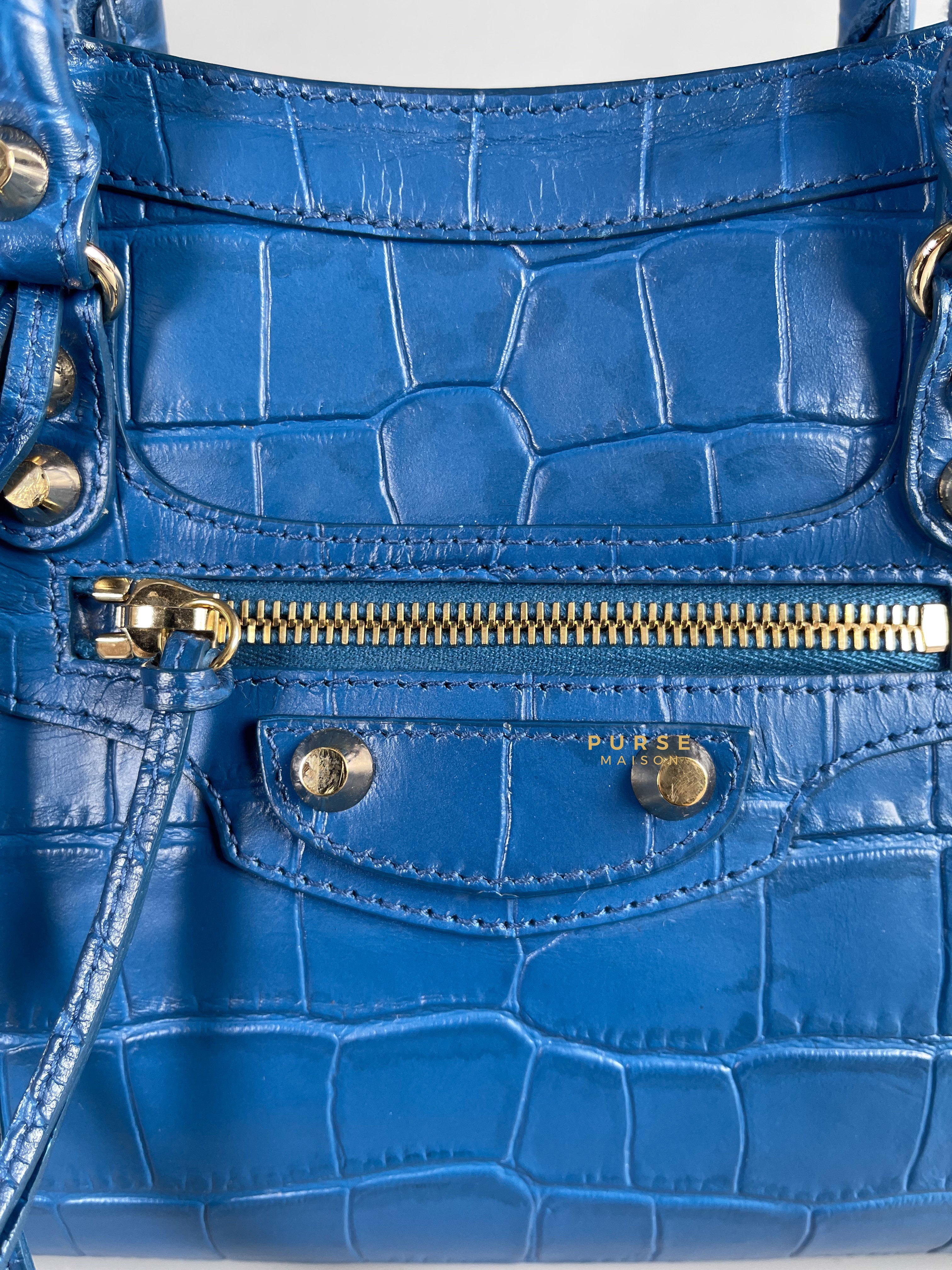 Balenciaga Blue Croc Embossed Leather Small City Metallic Edge Bag | Purse Maison Luxury Bags Shop