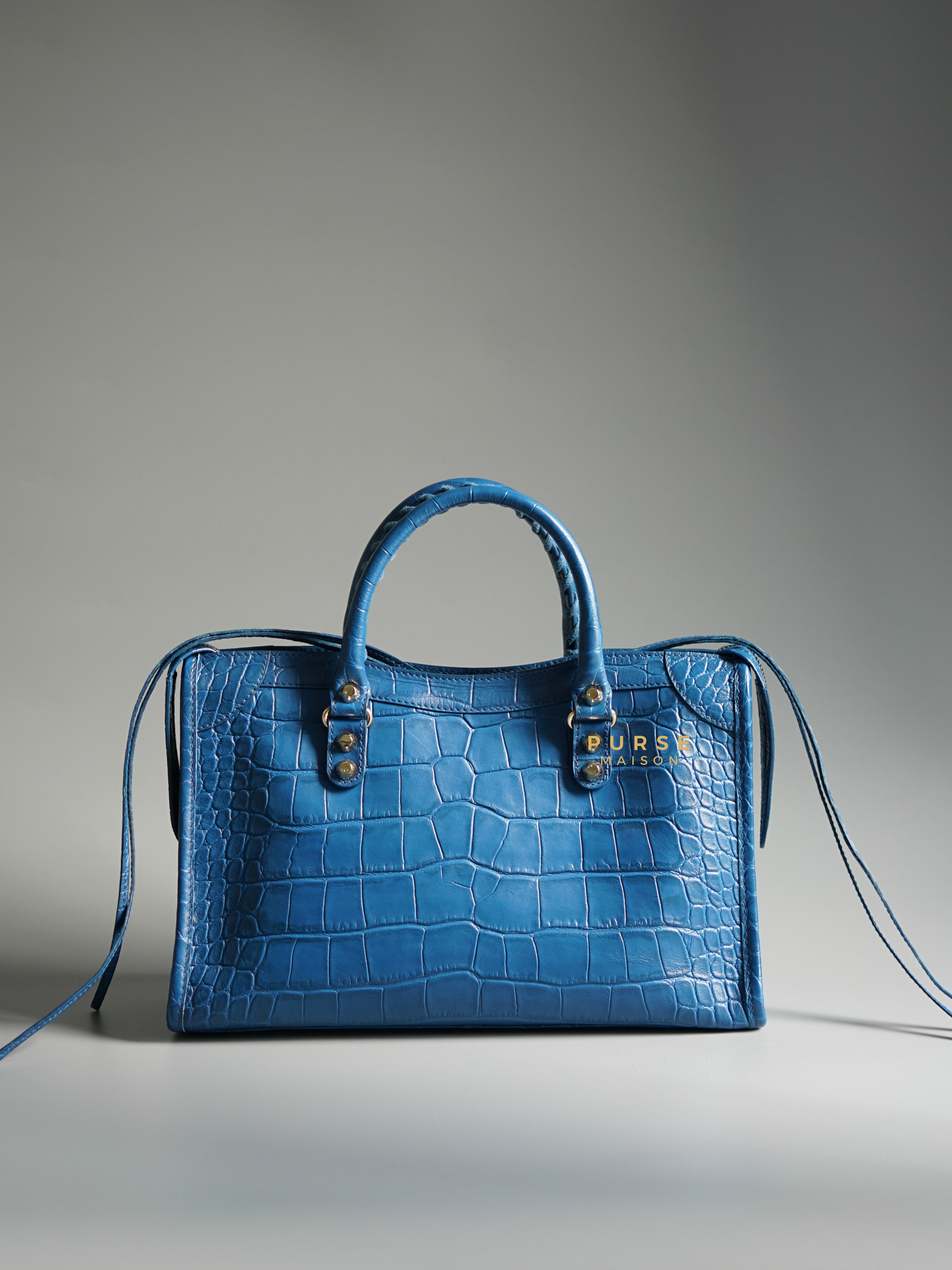 Balenciaga Blue Croc Embossed Leather Small City Metallic Edge Bag | Purse Maison Luxury Bags Shop
