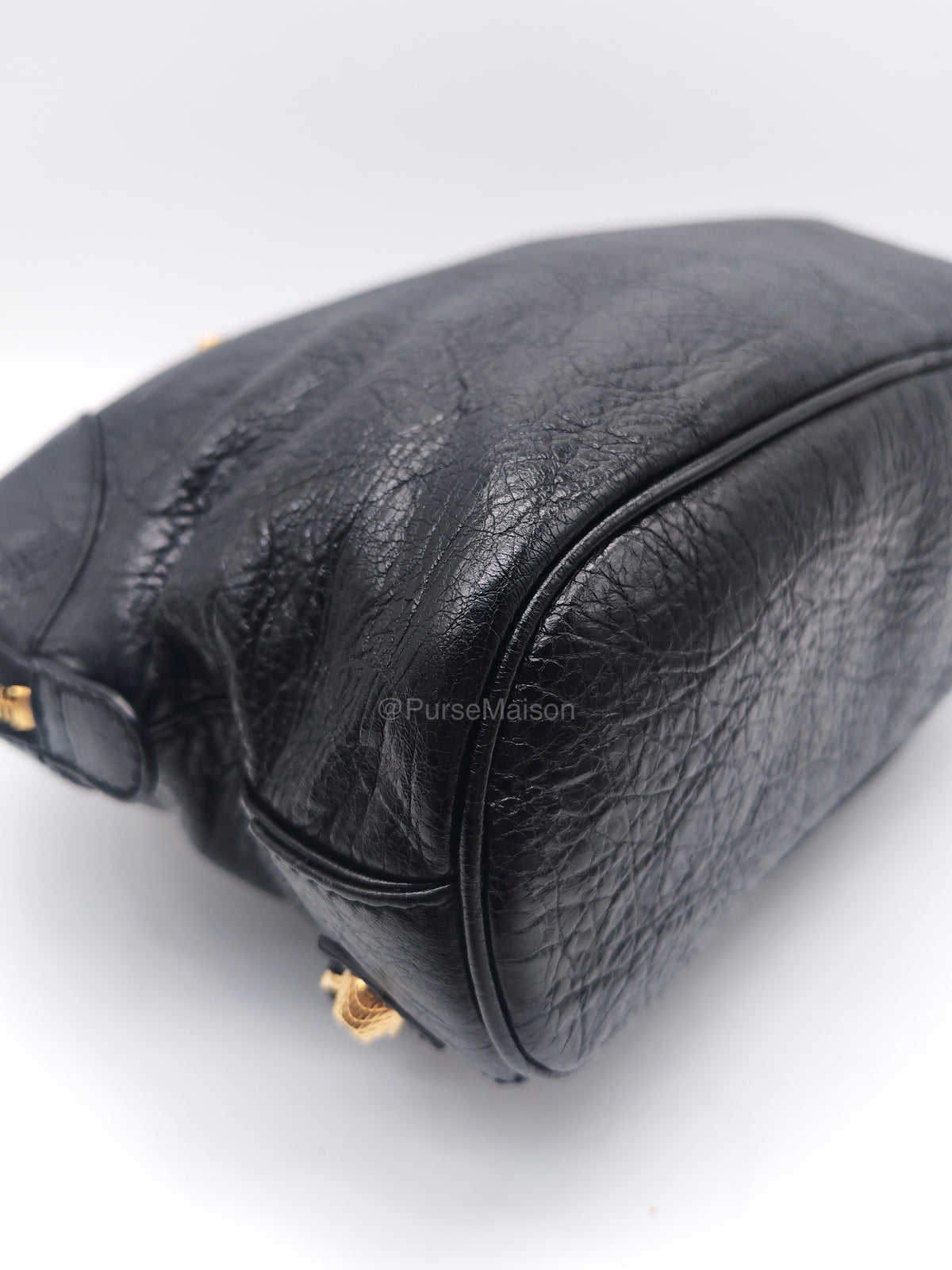 Balenciaga Bowler Bag in Black Crinkled Lambskin Leather and Gold Hardware | Purse Maison Luxury Bags Shop