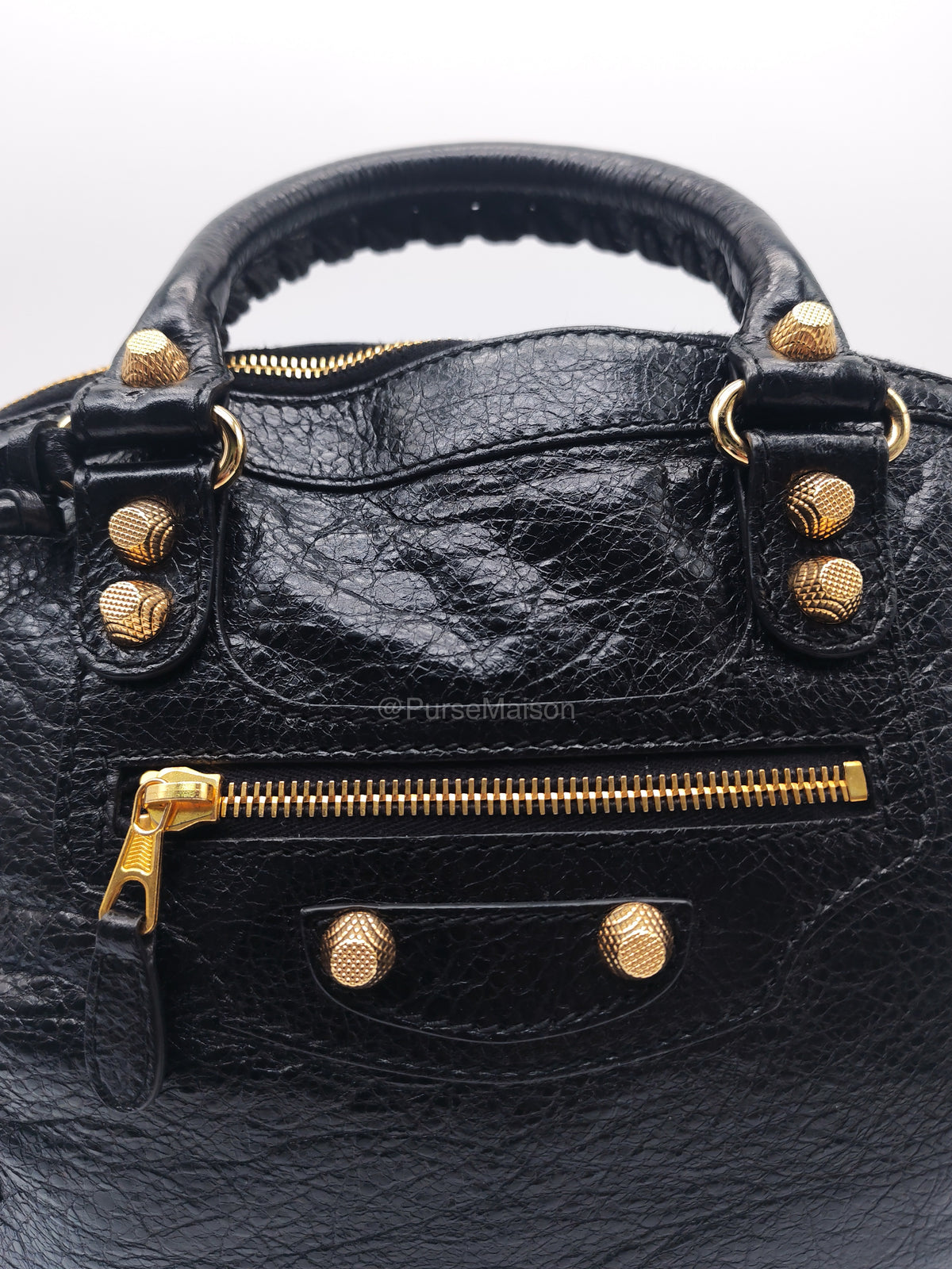Balenciaga Bowler Bag in Black Crinkled Lambskin Leather and Gold Hardware | Purse Maison Luxury Bags Shop