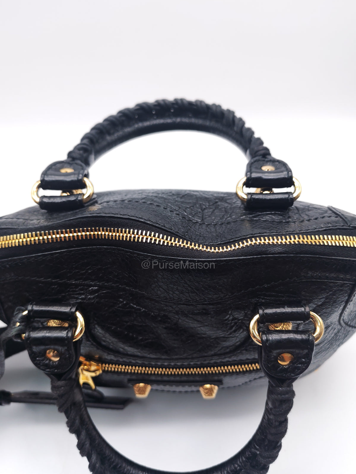 Balenciaga Bowler Bag in Black Crinkled Lambskin Leather and Gold Hardware | Purse Maison Luxury Bags Shop