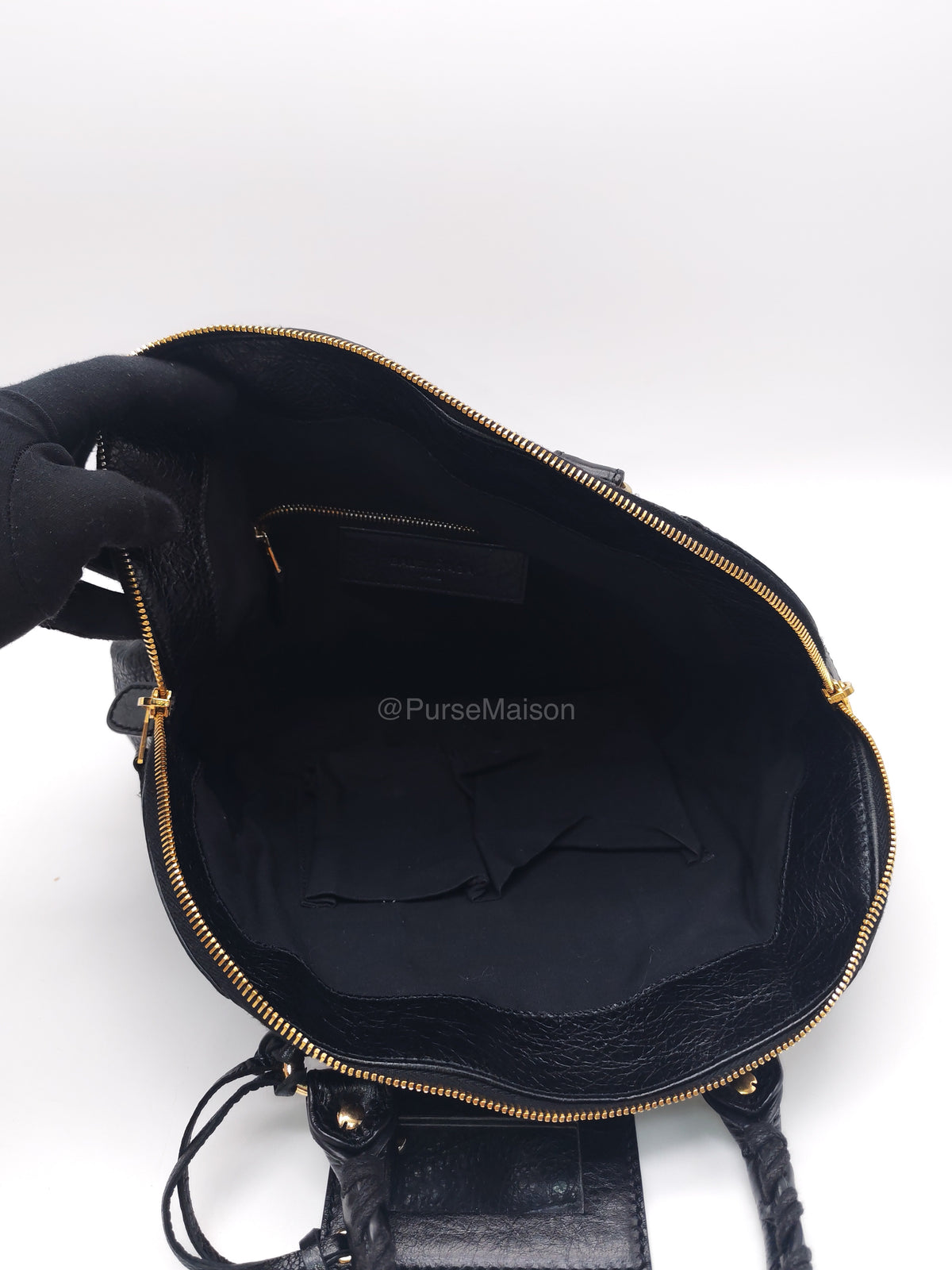 Balenciaga Bowler Bag in Black Crinkled Lambskin Leather and Gold Hardware | Purse Maison Luxury Bags Shop