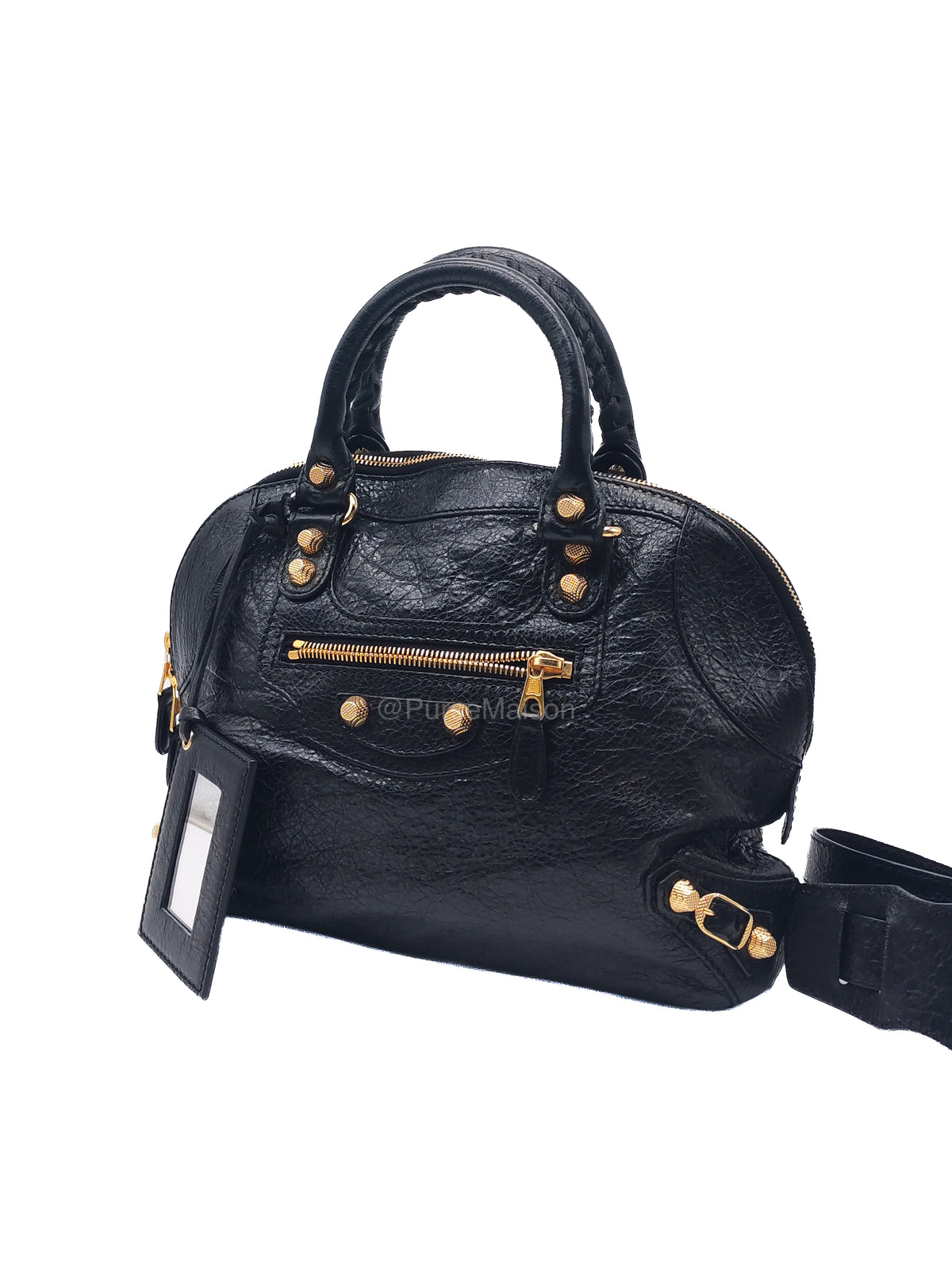 Balenciaga Bowler Bag in Black Crinkled Lambskin Leather and Gold Hardware | Purse Maison Luxury Bags Shop