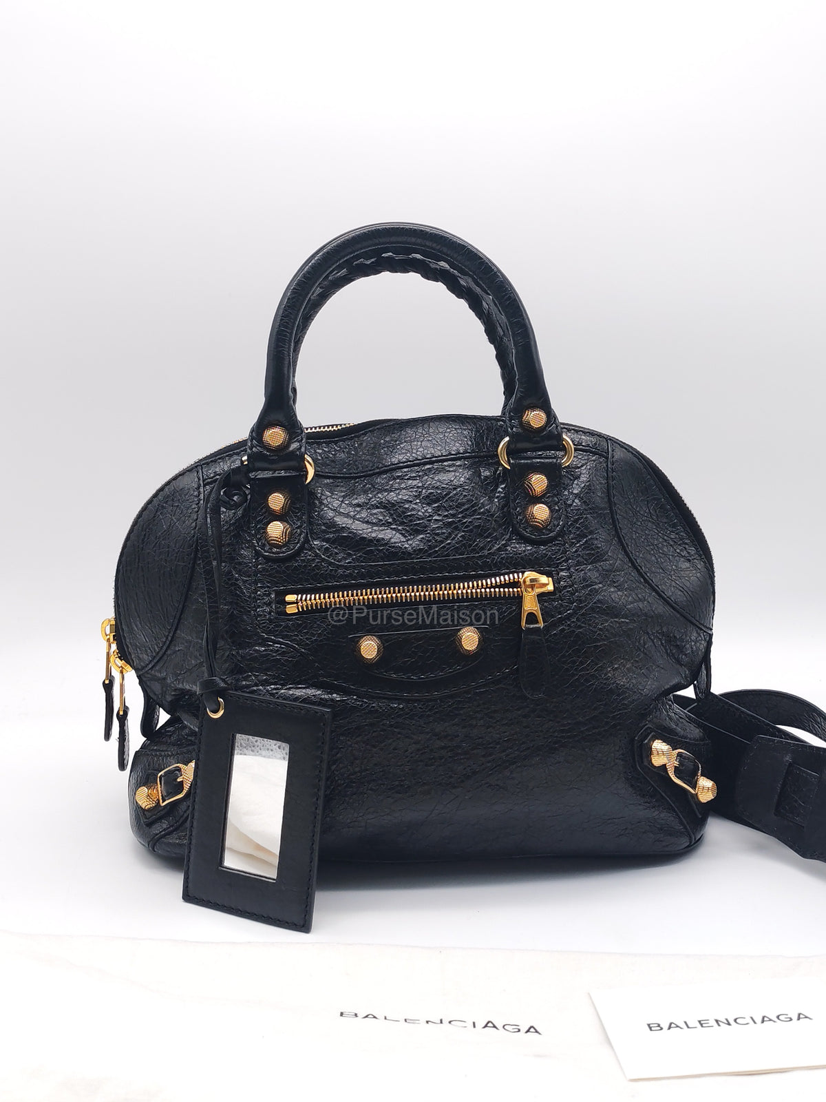 Balenciaga Bowler Bag in Black Crinkled Lambskin Leather and Gold Hardware | Purse Maison Luxury Bags Shop