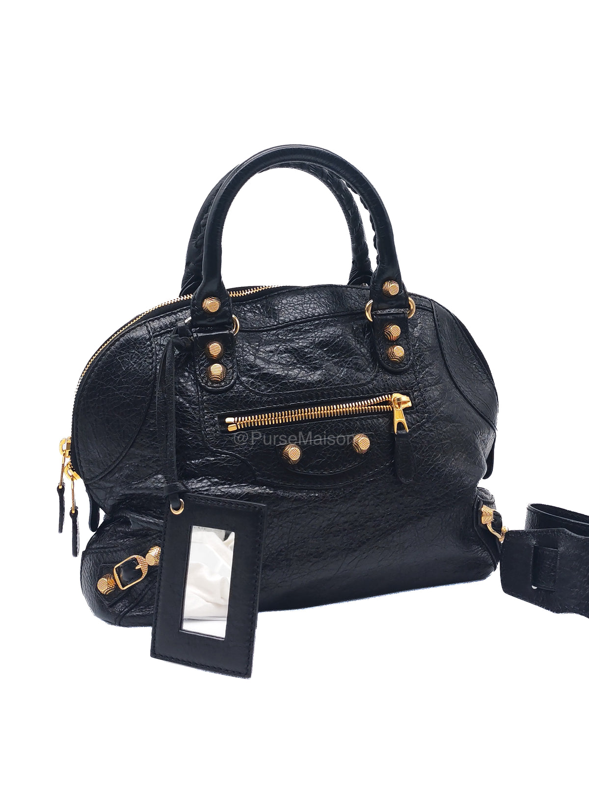 Balenciaga Bowler Bag in Black Crinkled Lambskin Leather and Gold Hardware | Purse Maison Luxury Bags Shop