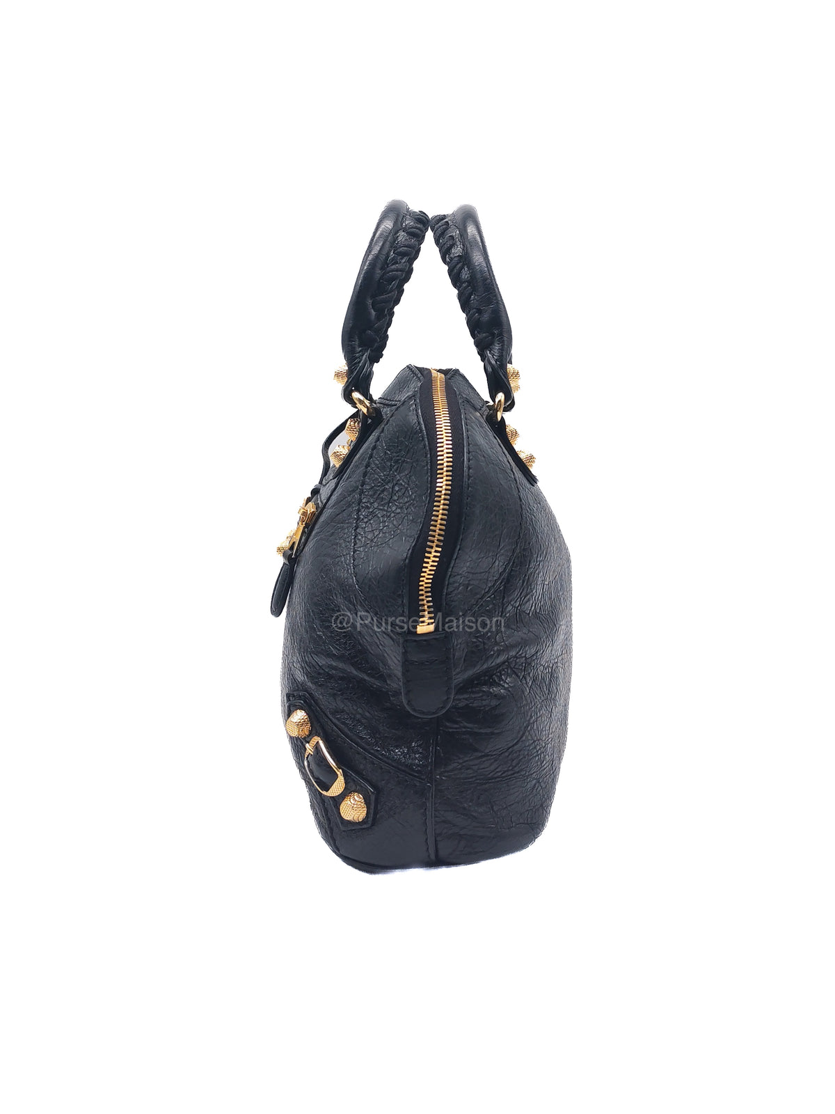 Balenciaga Bowler Bag in Black Crinkled Lambskin Leather and Gold Hardware | Purse Maison Luxury Bags Shop