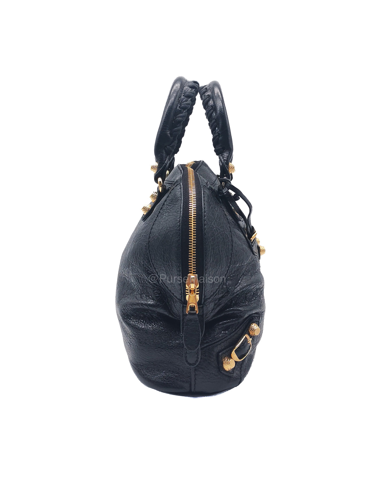 Balenciaga Bowler Bag in Black Crinkled Lambskin Leather and Gold Hardware | Purse Maison Luxury Bags Shop
