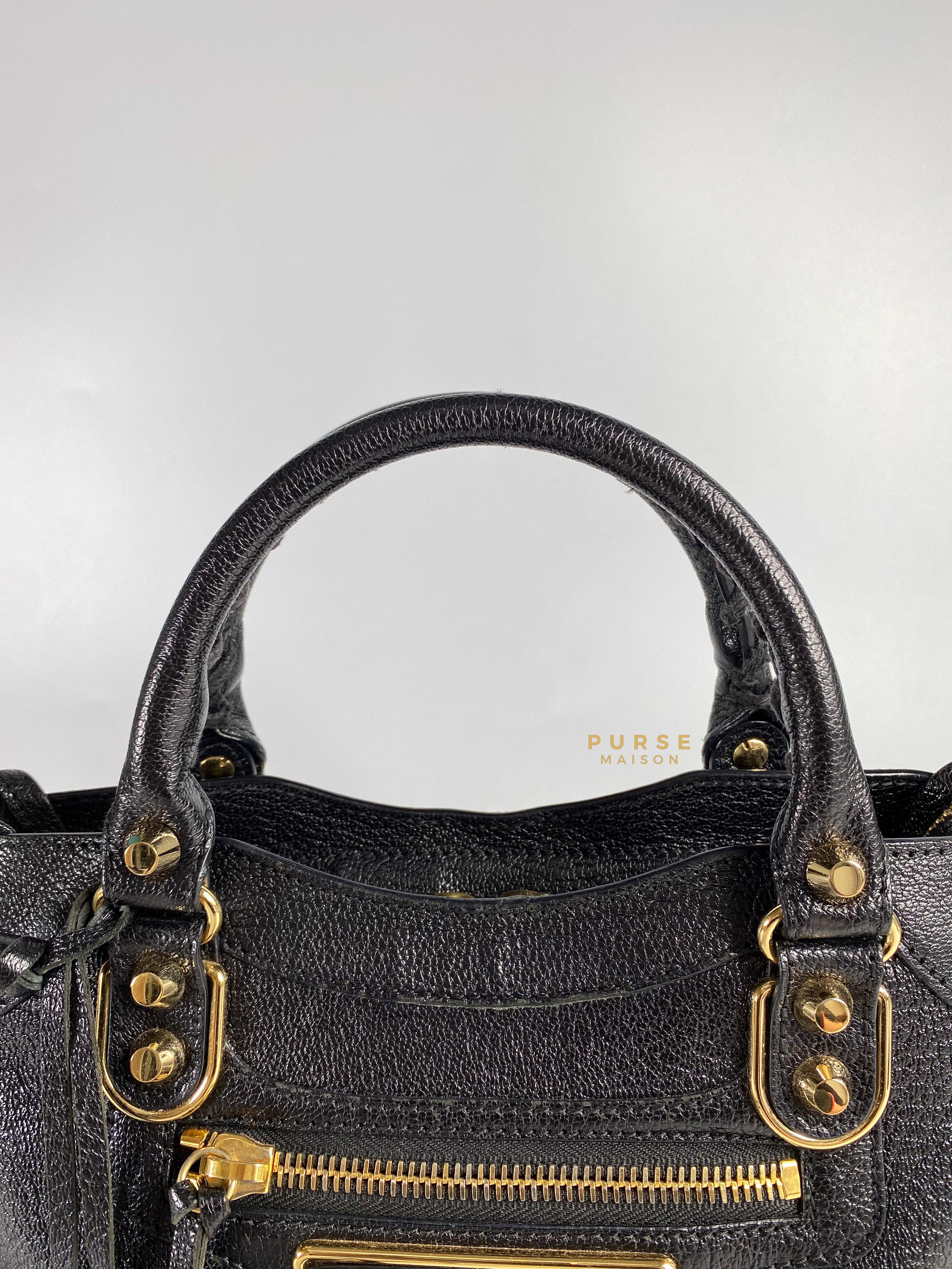 Balenciaga City Metallic Edge Mini Black Goatskin and Gold Hardware | Purse Maison Luxury Bags Shop