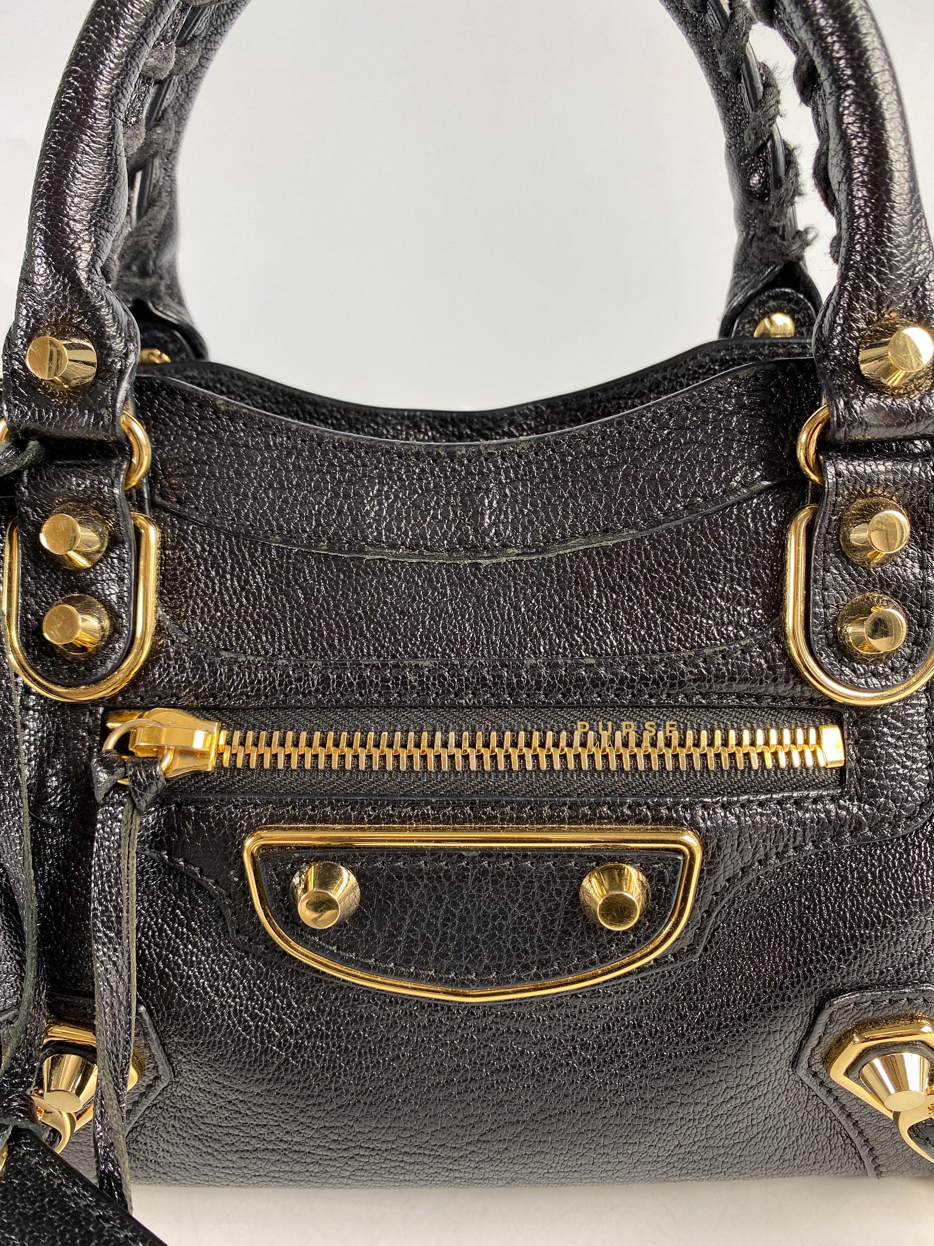 Balenciaga City Metallic Edge Mini Black Goatskin and Gold Hardware | Purse Maison Luxury Bags Shop