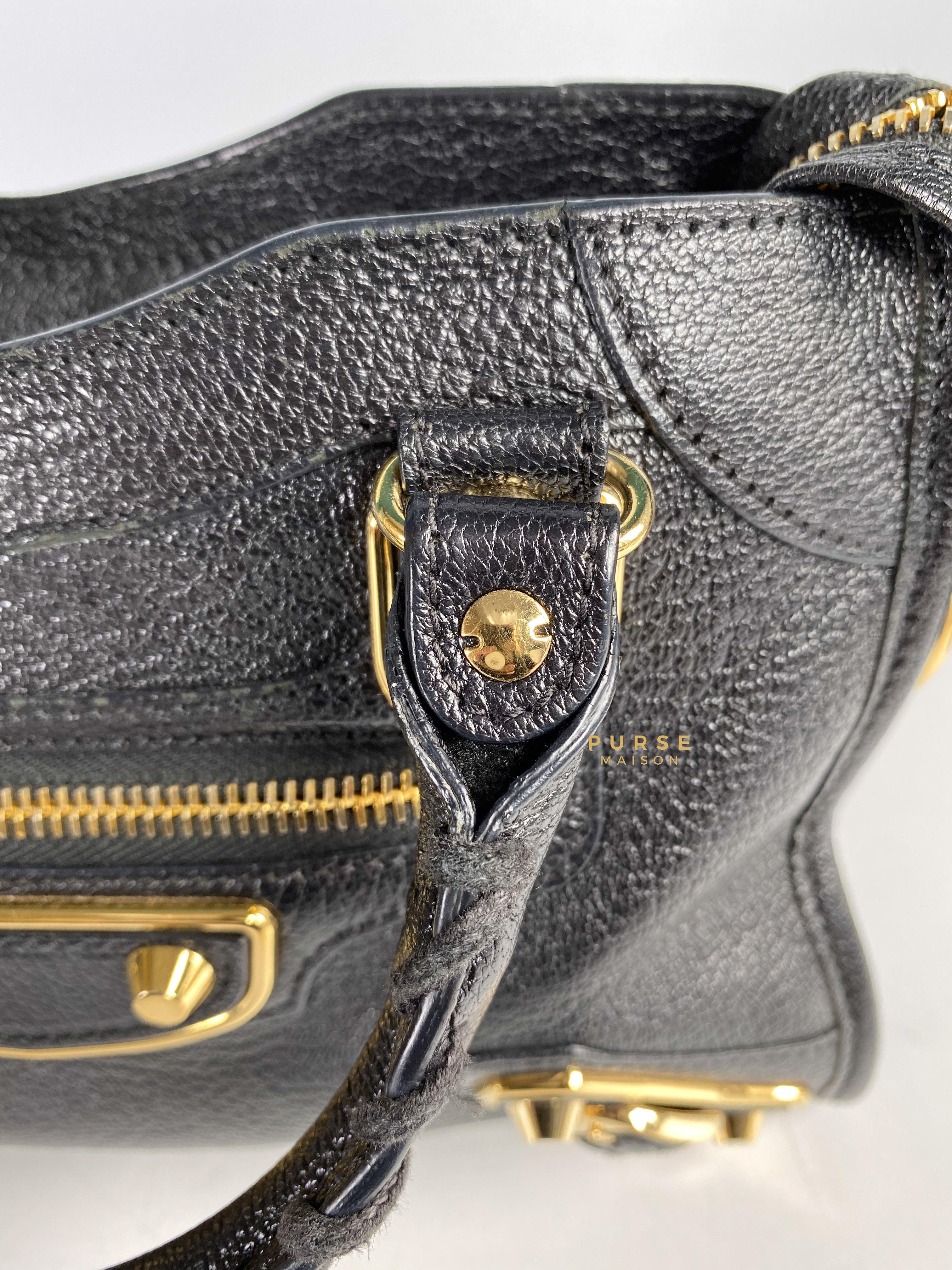 Balenciaga City Metallic Edge Mini Black Goatskin and Gold Hardware | Purse Maison Luxury Bags Shop