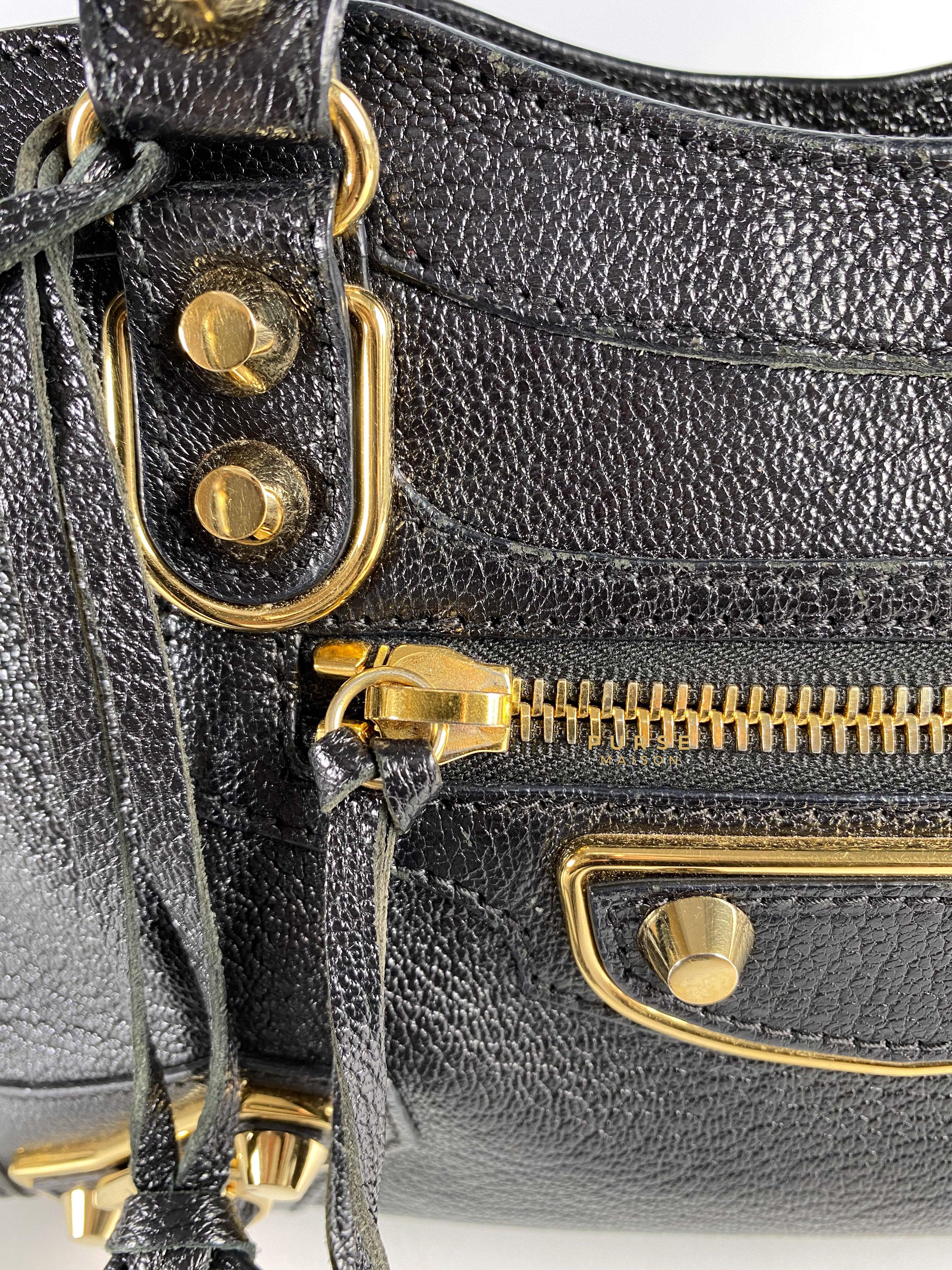 Balenciaga City Metallic Edge Mini Black Goatskin and Gold Hardware | Purse Maison Luxury Bags Shop