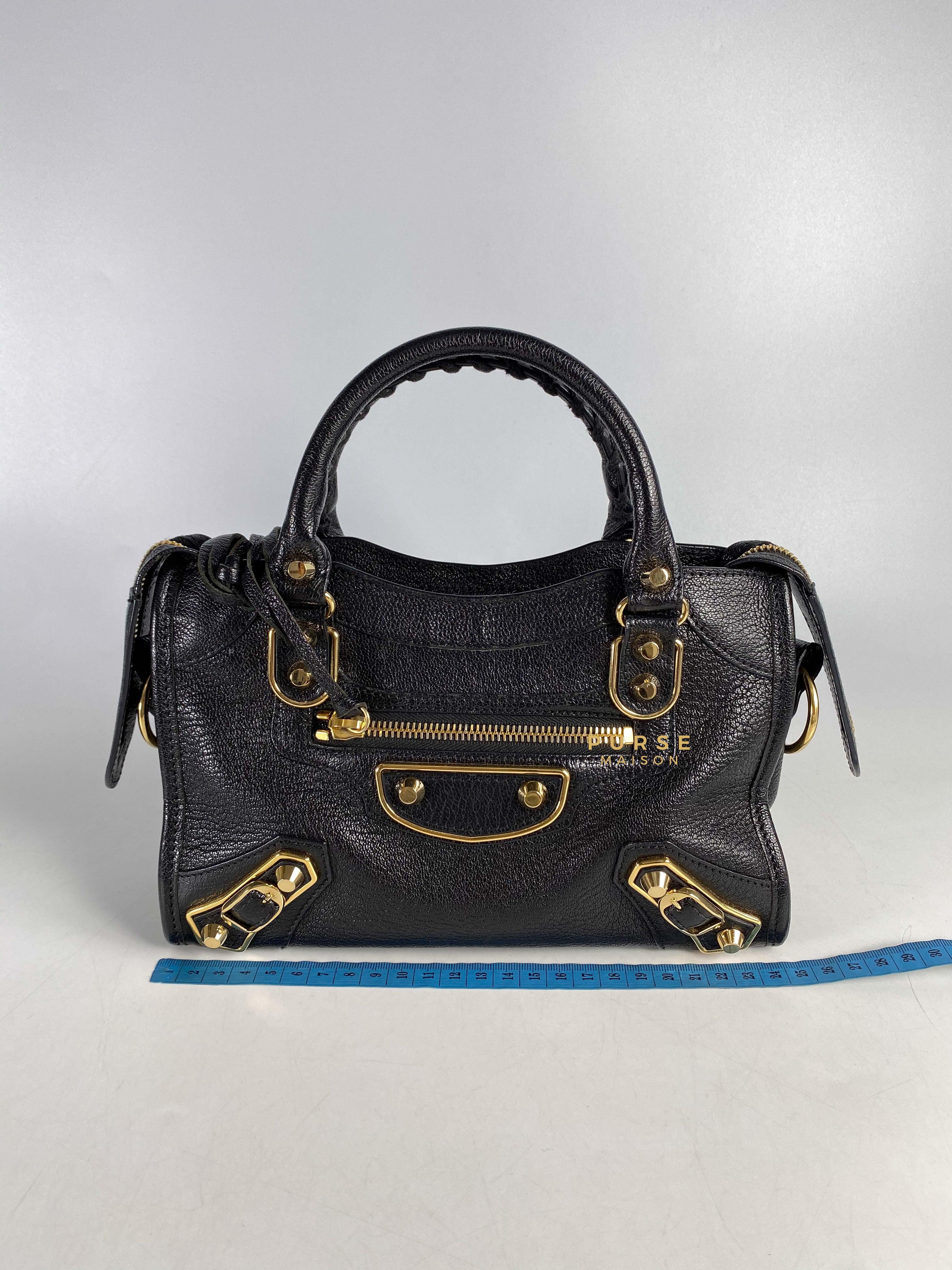 Balenciaga City Metallic Edge Mini Black Goatskin and Gold Hardware | Purse Maison Luxury Bags Shop