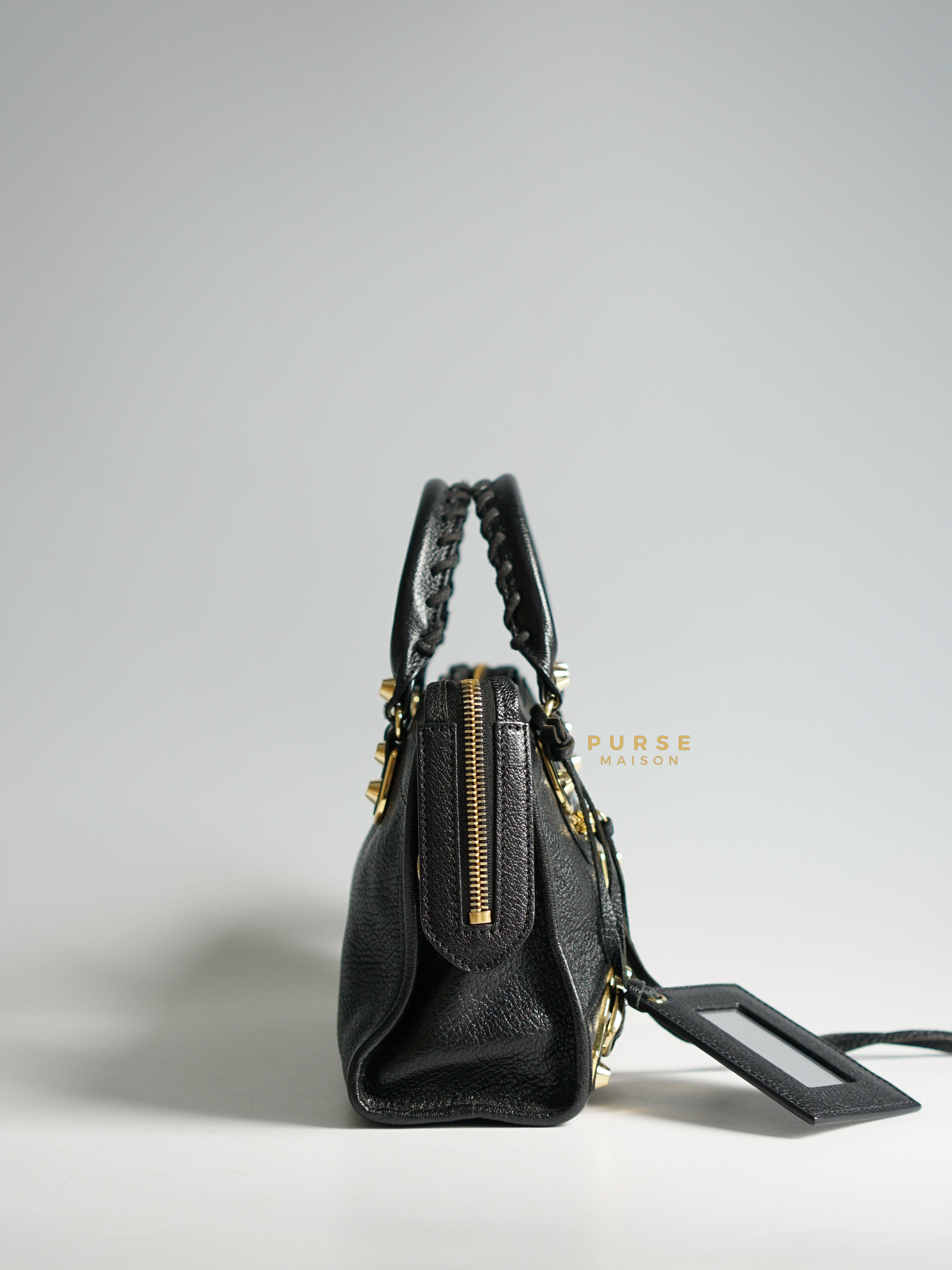 Balenciaga City Metallic Edge Mini Black Goatskin and Gold Hardware | Purse Maison Luxury Bags Shop