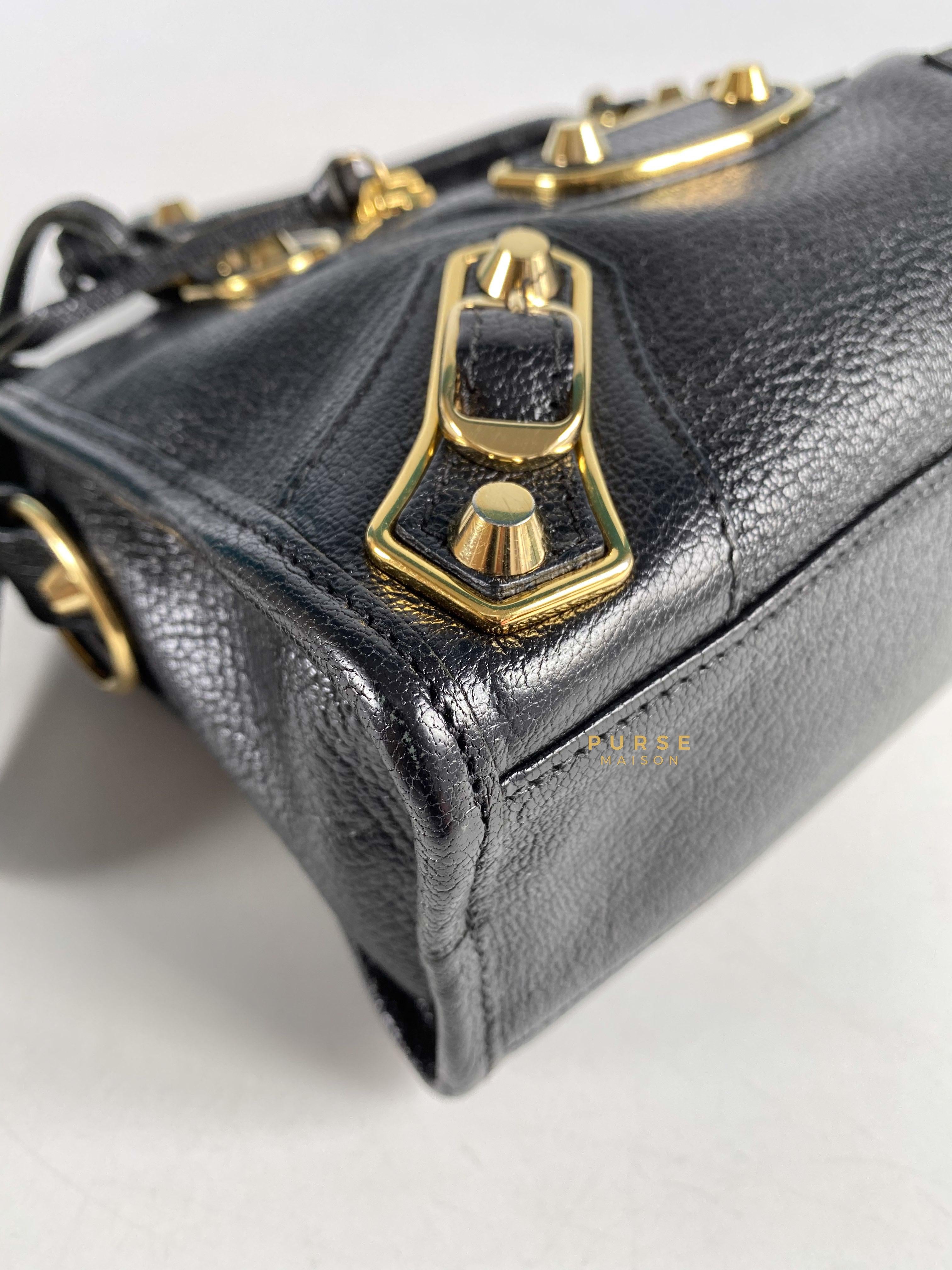 Balenciaga City Metallic Edge Mini Black Goatskin and Gold Hardware | Purse Maison Luxury Bags Shop