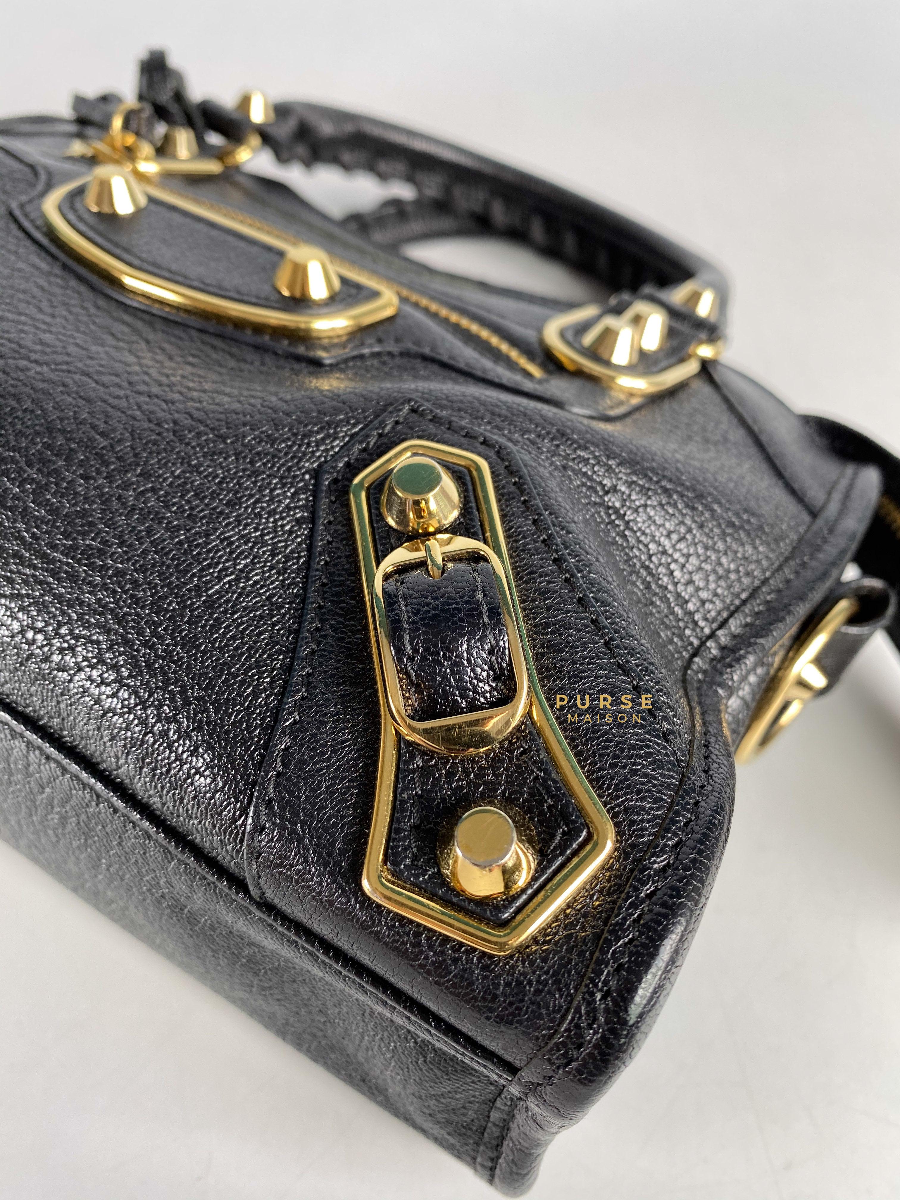 Balenciaga City Metallic Edge Mini Black Goatskin and Gold Hardware | Purse Maison Luxury Bags Shop