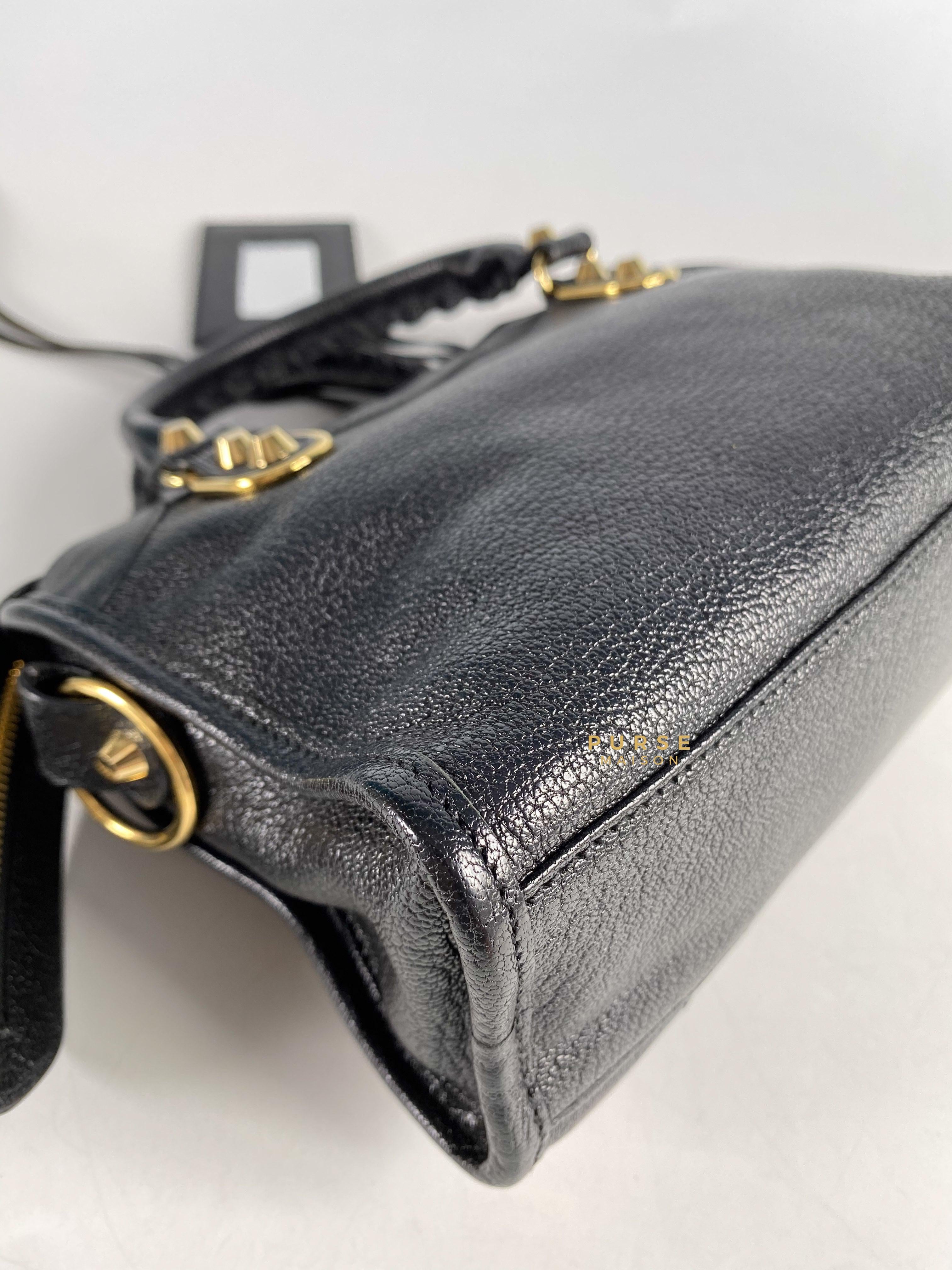 Balenciaga City Metallic Edge Mini Black Goatskin and Gold Hardware | Purse Maison Luxury Bags Shop