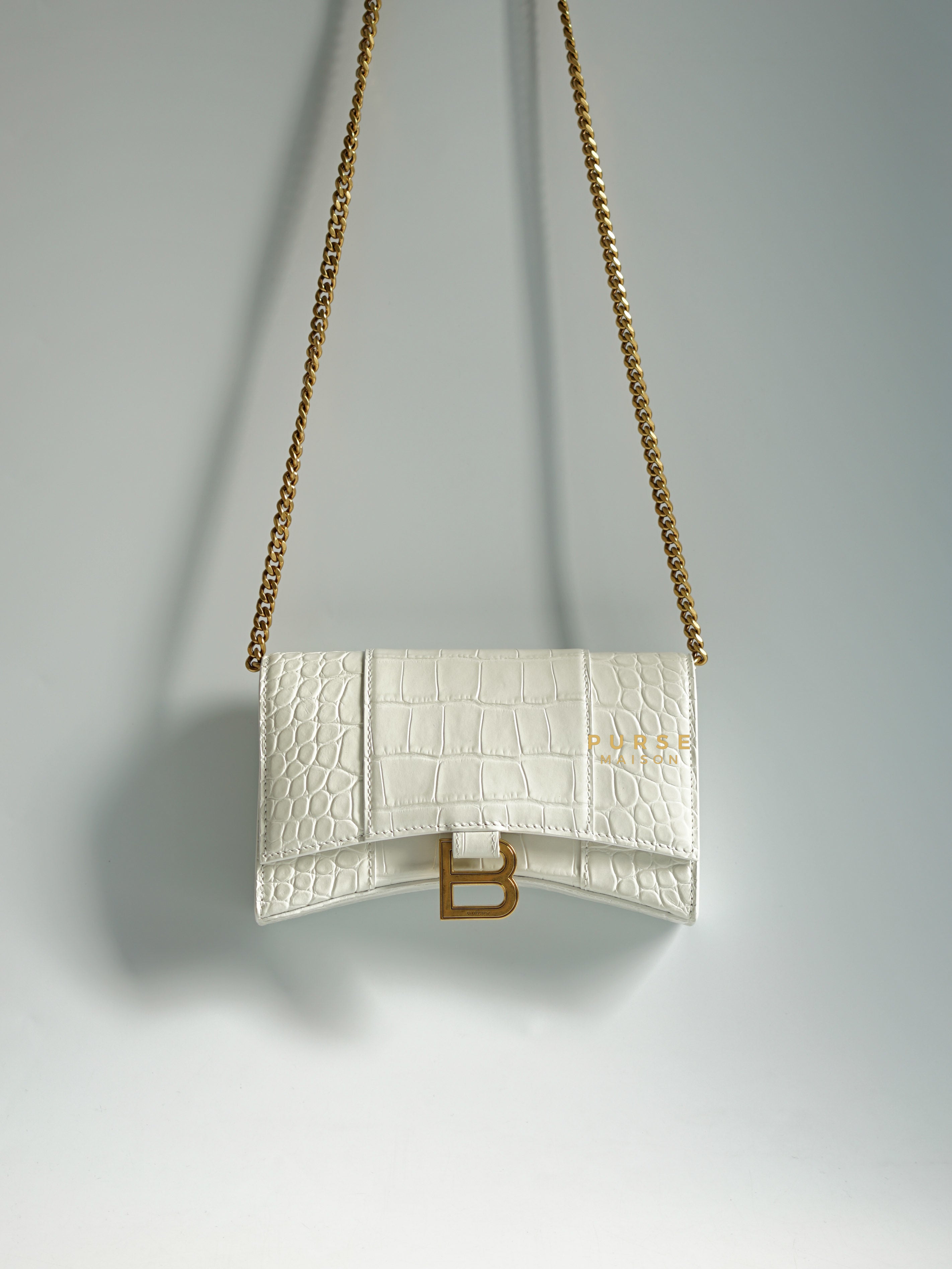 Balenciaga Hour Glass Embossed Logo Plaque Wallet On Chain White | Purse Maison Luxury Bags Shop