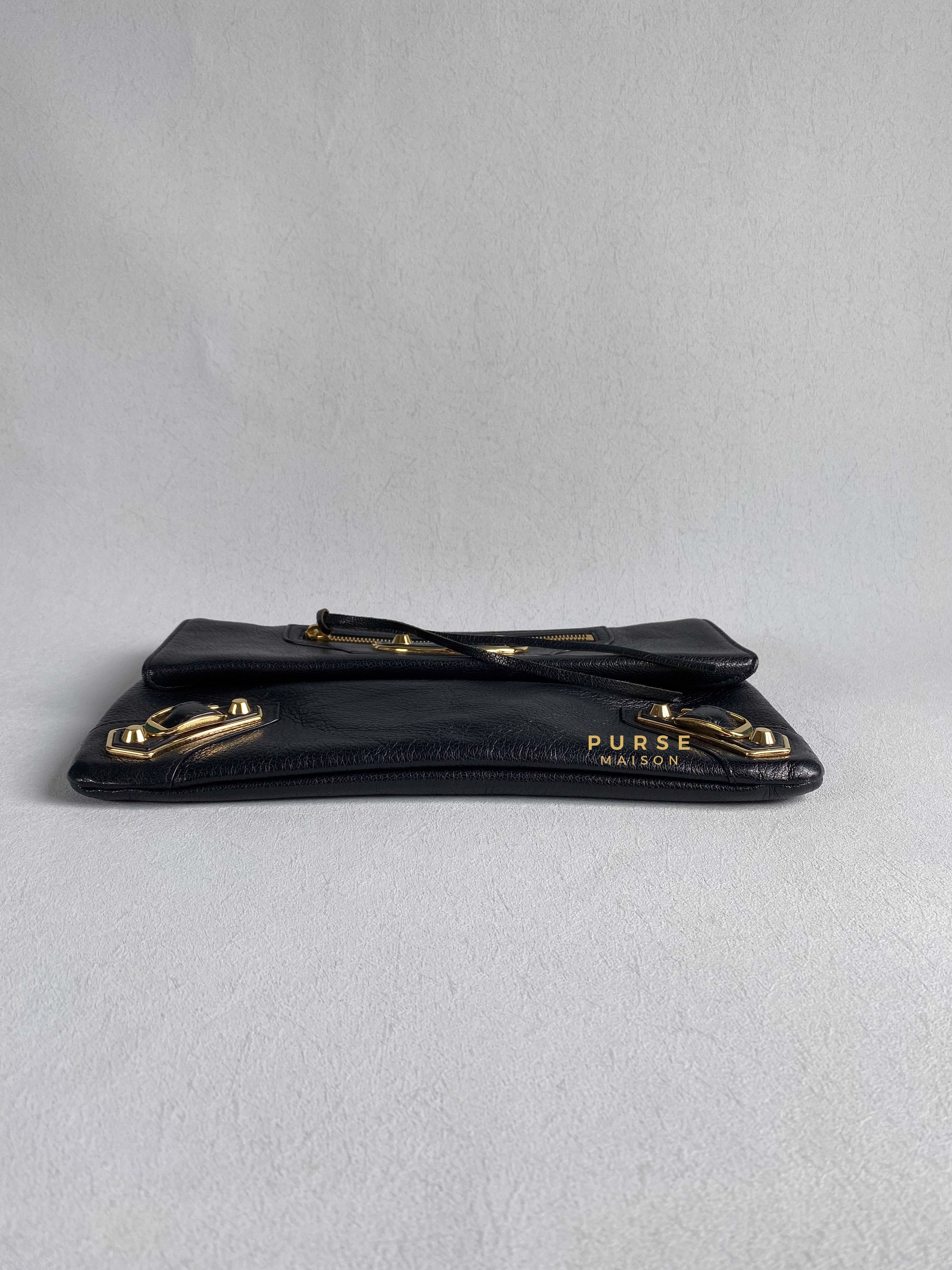 Balenciaga Metallic Edge Black Envelope Clutch with Strap | Purse Maison Luxury Bags Shop