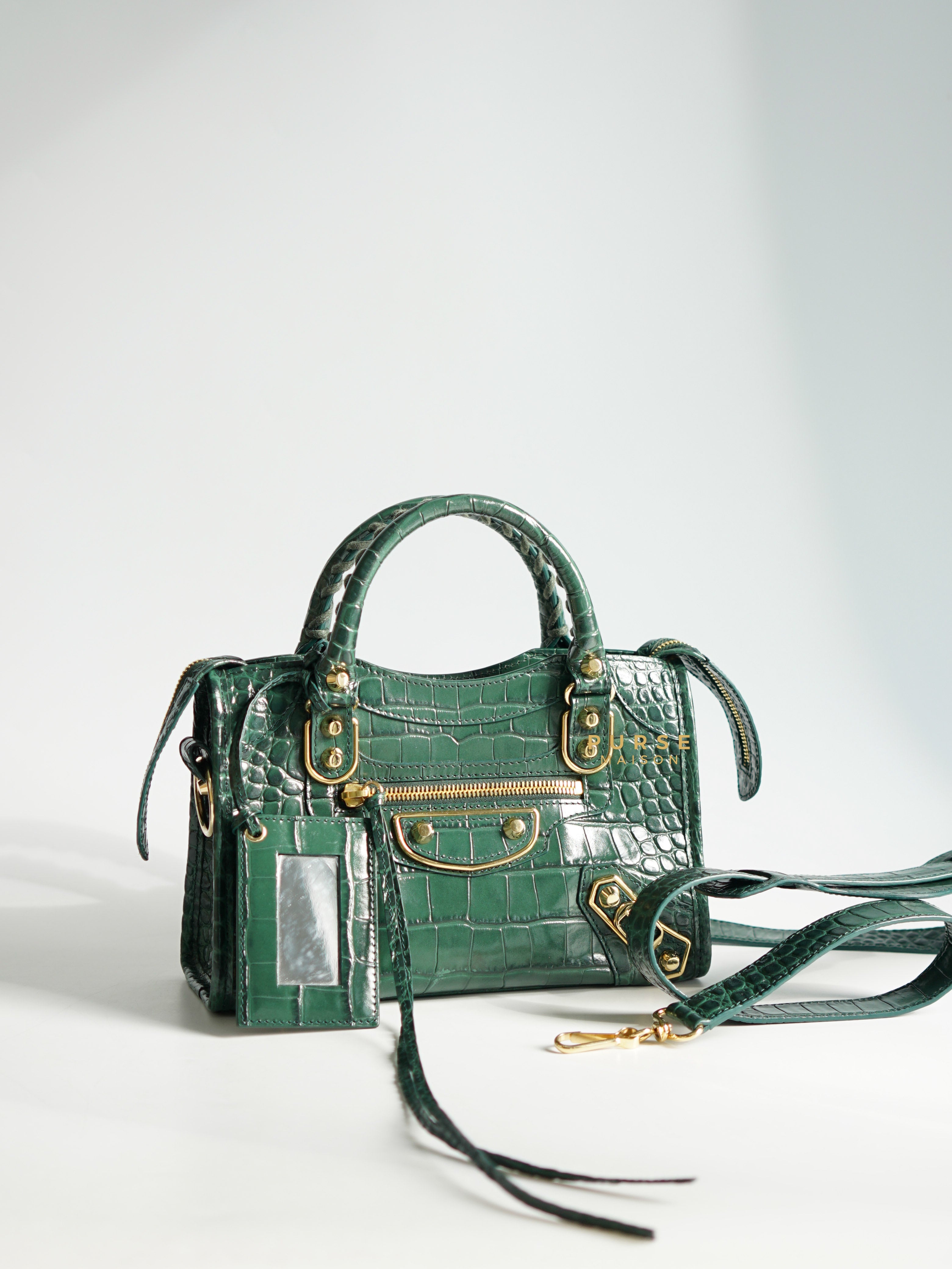 Balenciaga Mini Metallic Edge Crocodile Embossed Green Bag | Purse Maison Luxury Bags Shop