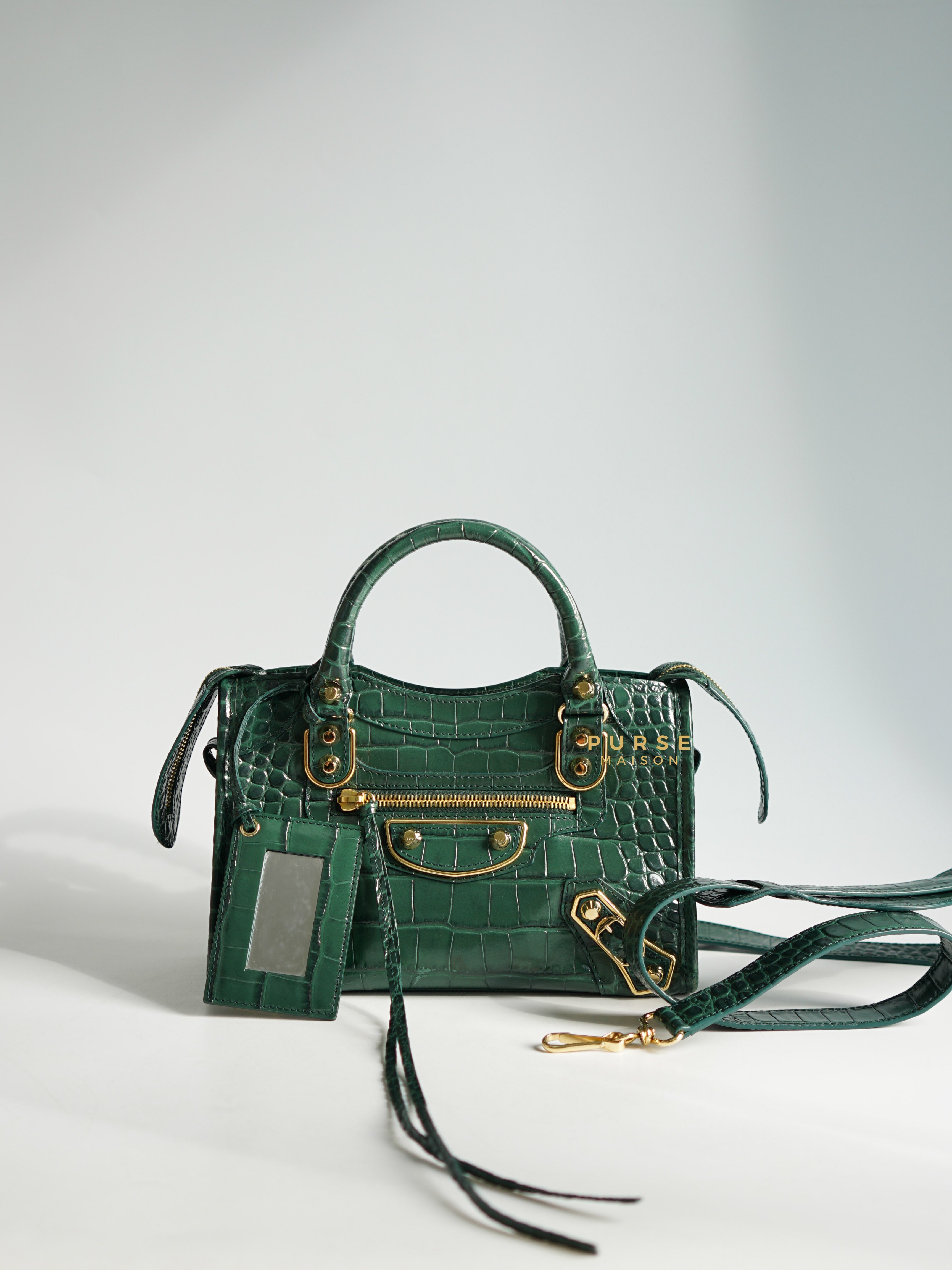 Balenciaga Mini Metallic Edge Crocodile Embossed Green Bag | Purse Maison Luxury Bags Shop