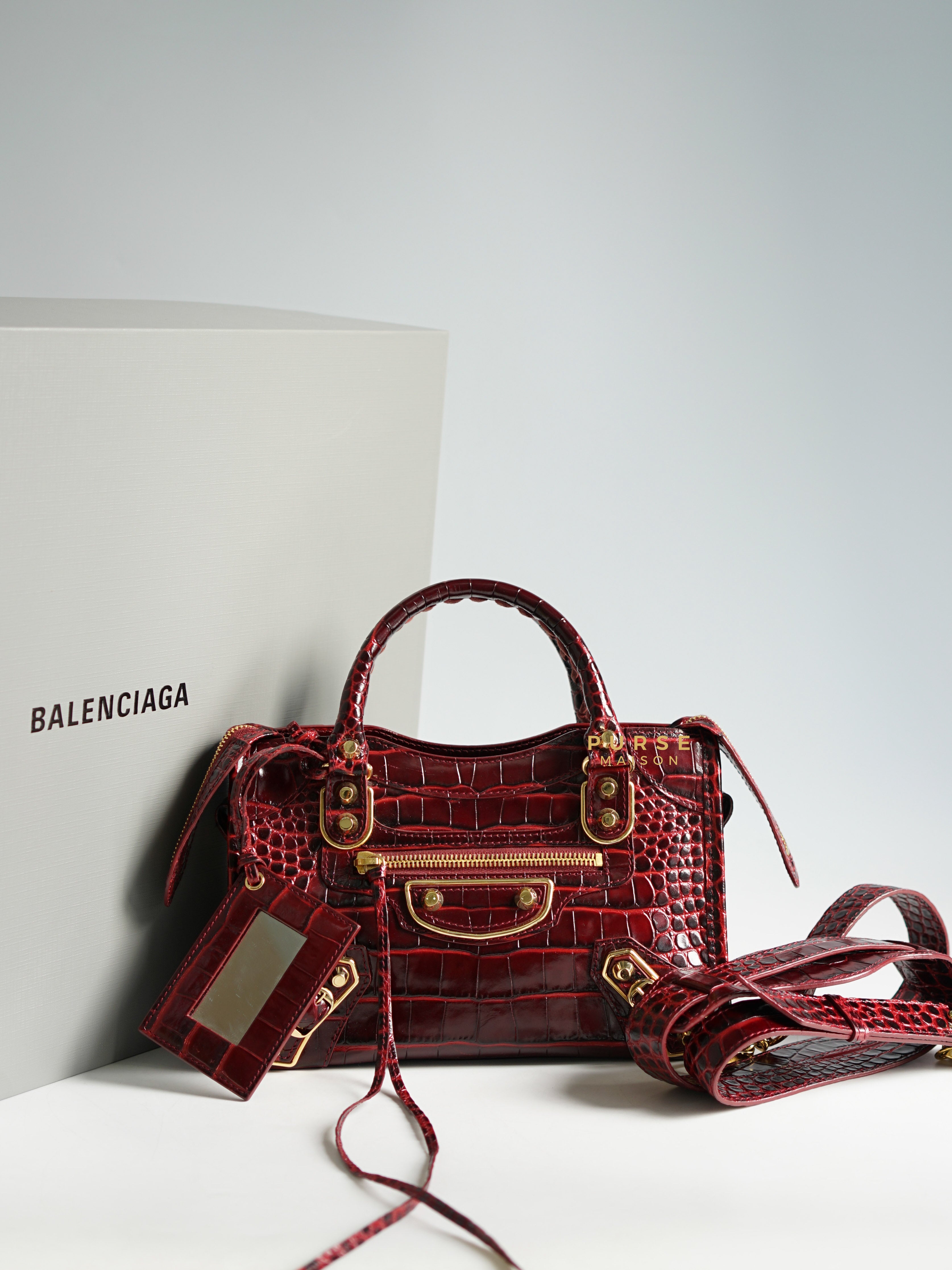 Balenciaga Mini Metallic Edge Crocodile Embossed Red Bag | Purse Maison Luxury Bags Shop