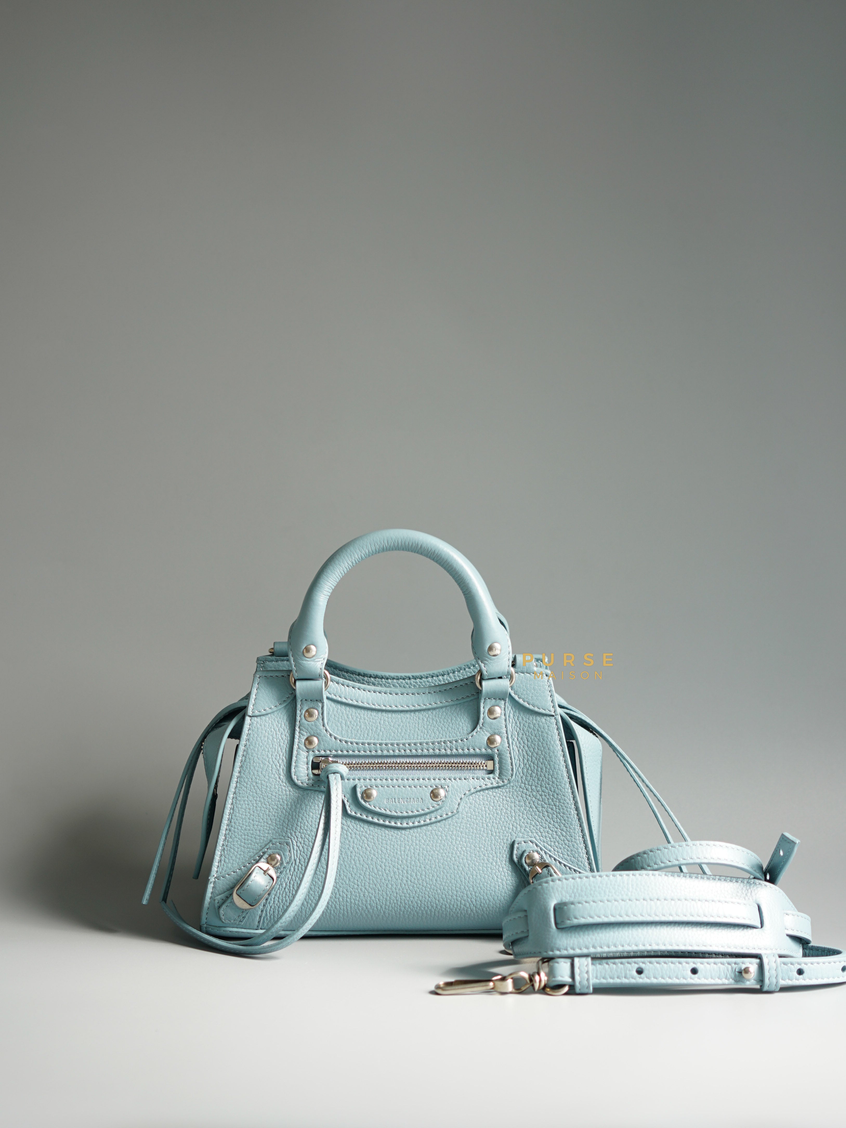 Balenciaga Mini Neo Classic in Light Blue and Silver Hardware | Purse Maison Luxury Bags Shop