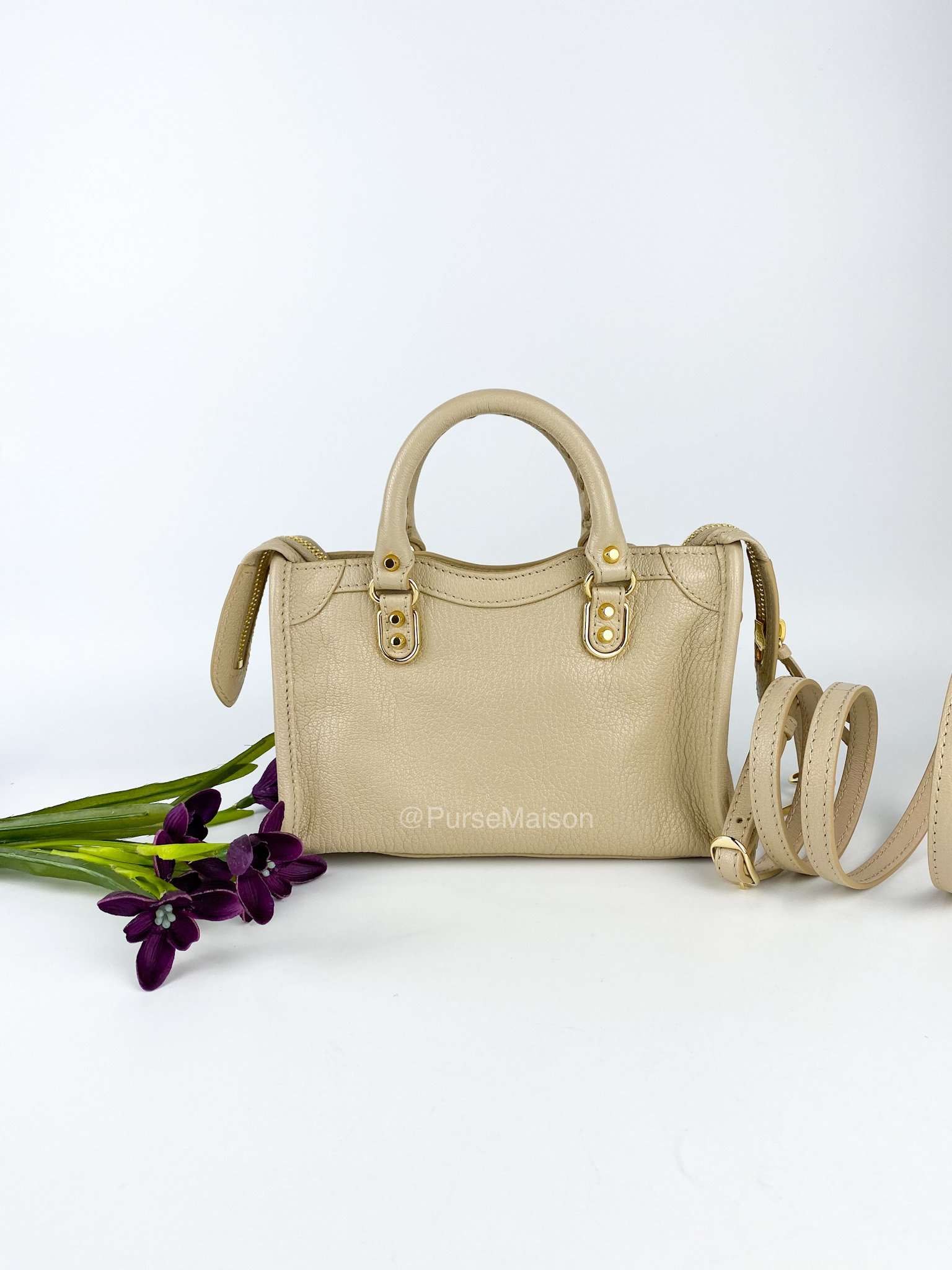 Balenciaga Nano Metallic Edge City Neutral Beige Leather Gold Hardware Shoulder Bag