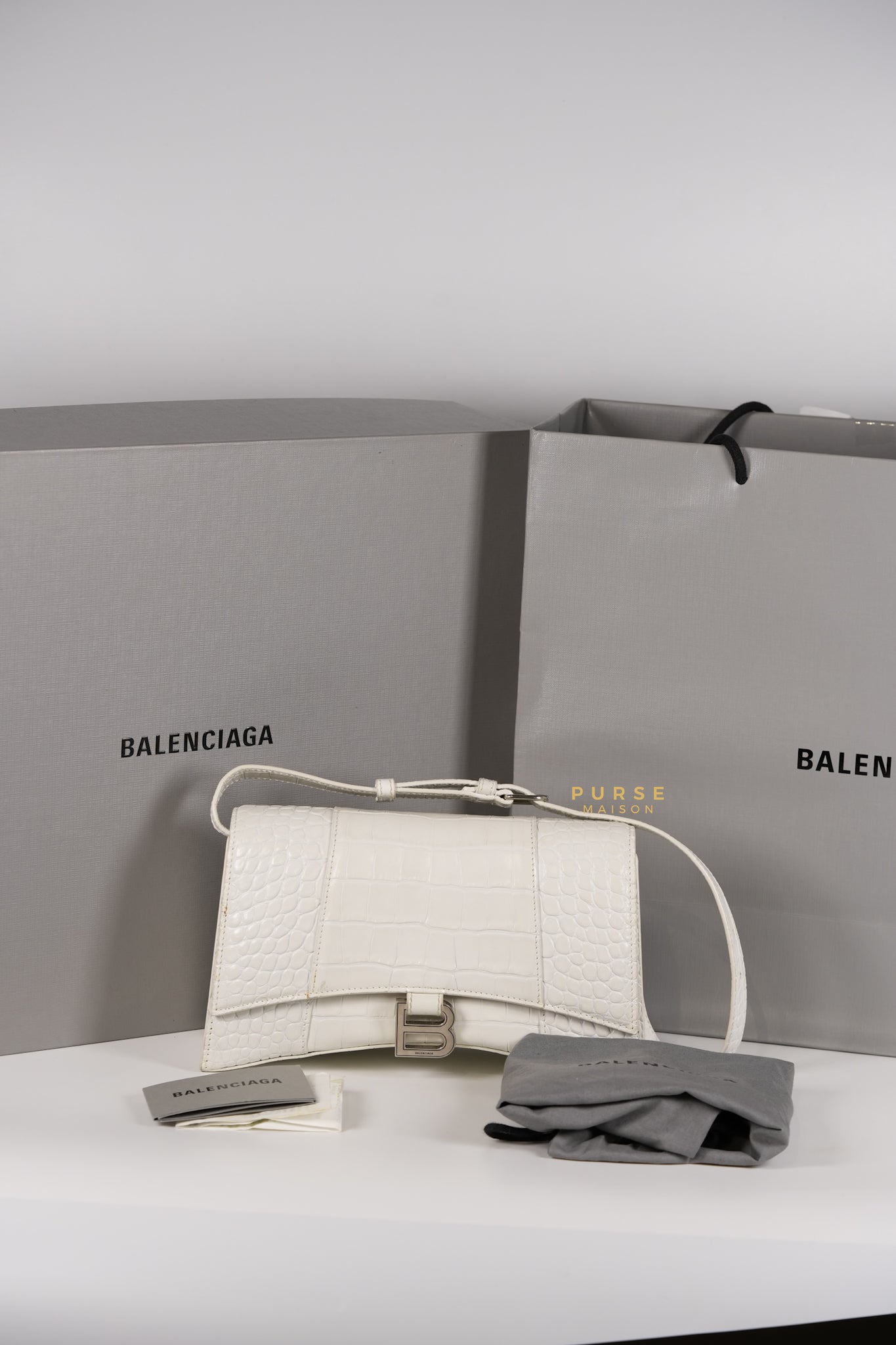 Balenciaga White Hourglass Croc Embossed Bag | Purse Maison Luxury Bags Shop