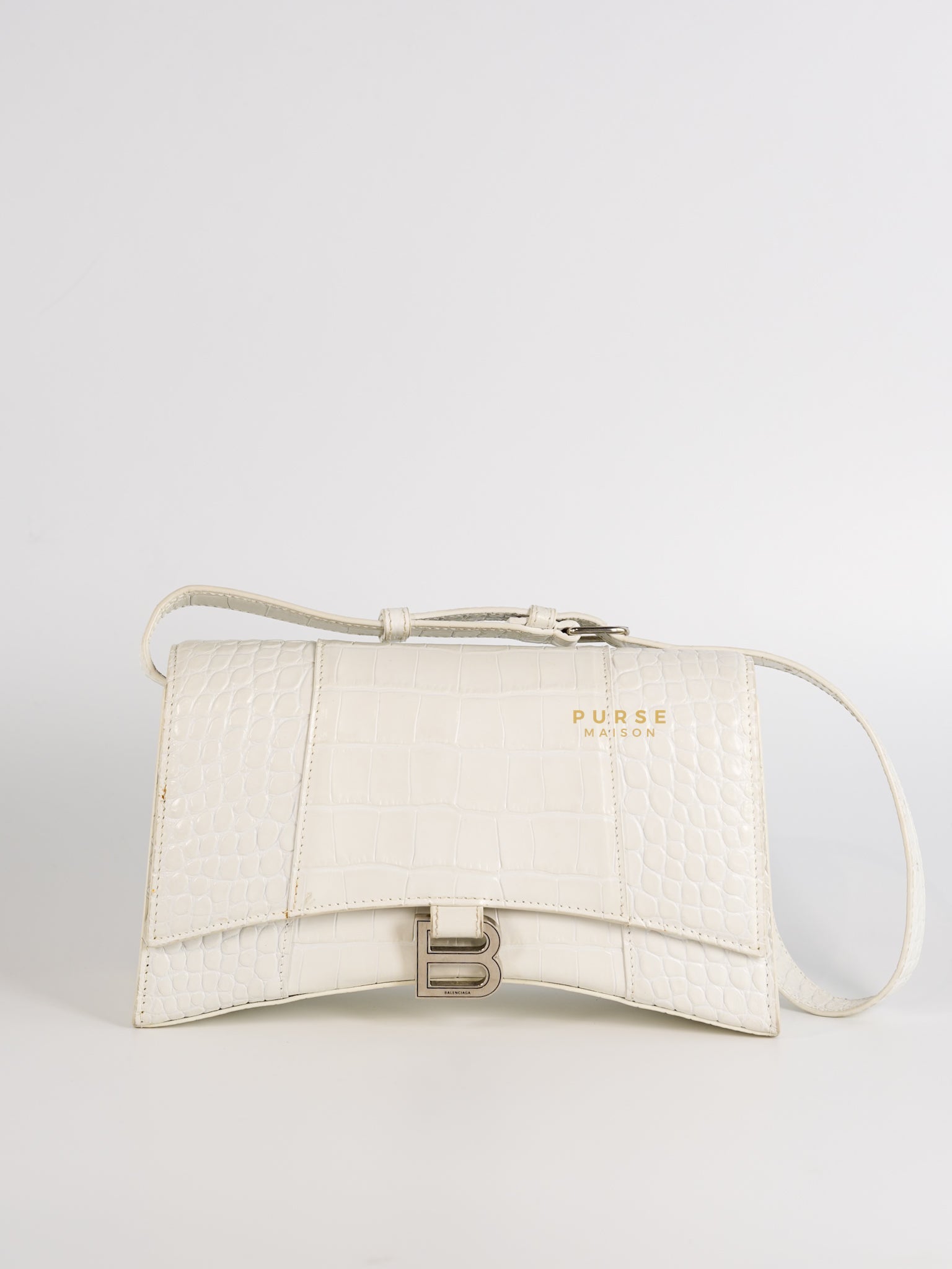 Balenciaga White Hourglass Croc Embossed Bag | Purse Maison Luxury Bags Shop