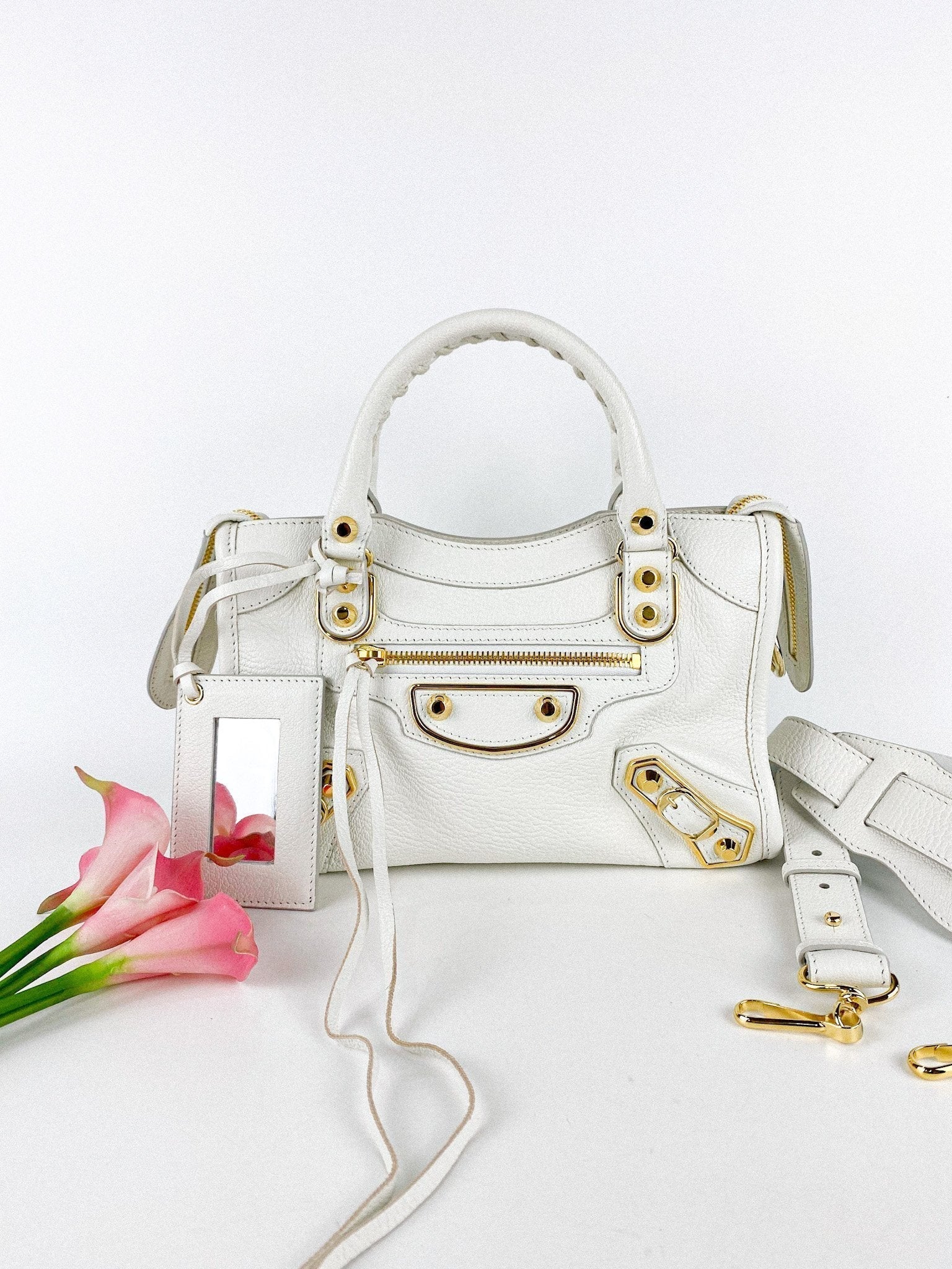 Balenciaga White Metallic Edge Mini City Bag in Gold Hardware