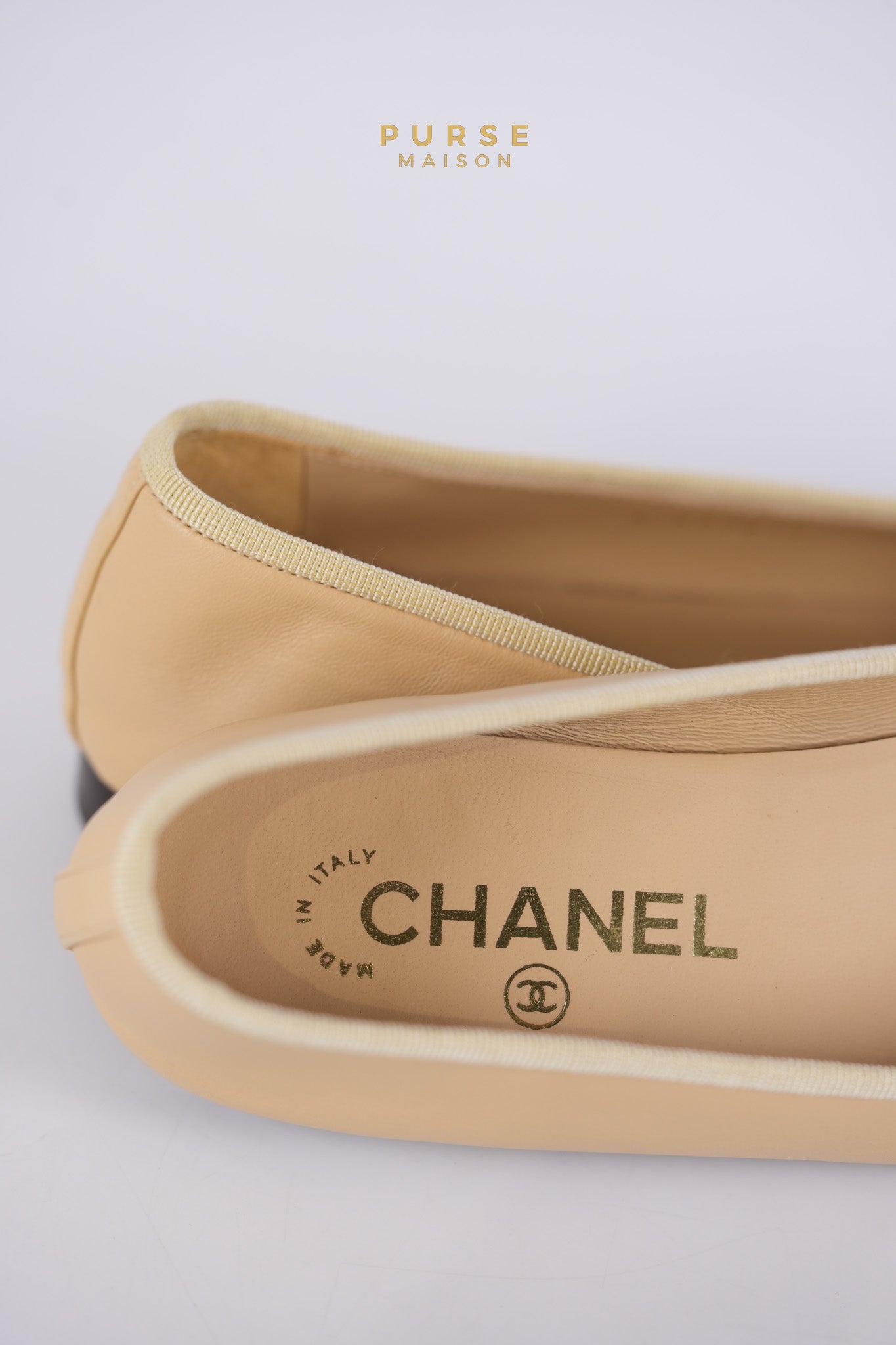 Ballerina Flats Beige & Black Calfskin Leather Size 38 EU(24cm) | Purse Maison Luxury Bags Shop