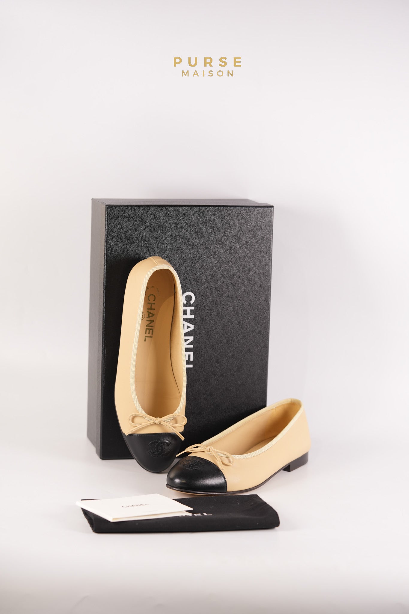 Ballerina Flats Beige & Black Calfskin Leather Size 38 EU(24cm) | Purse Maison Luxury Bags Shop