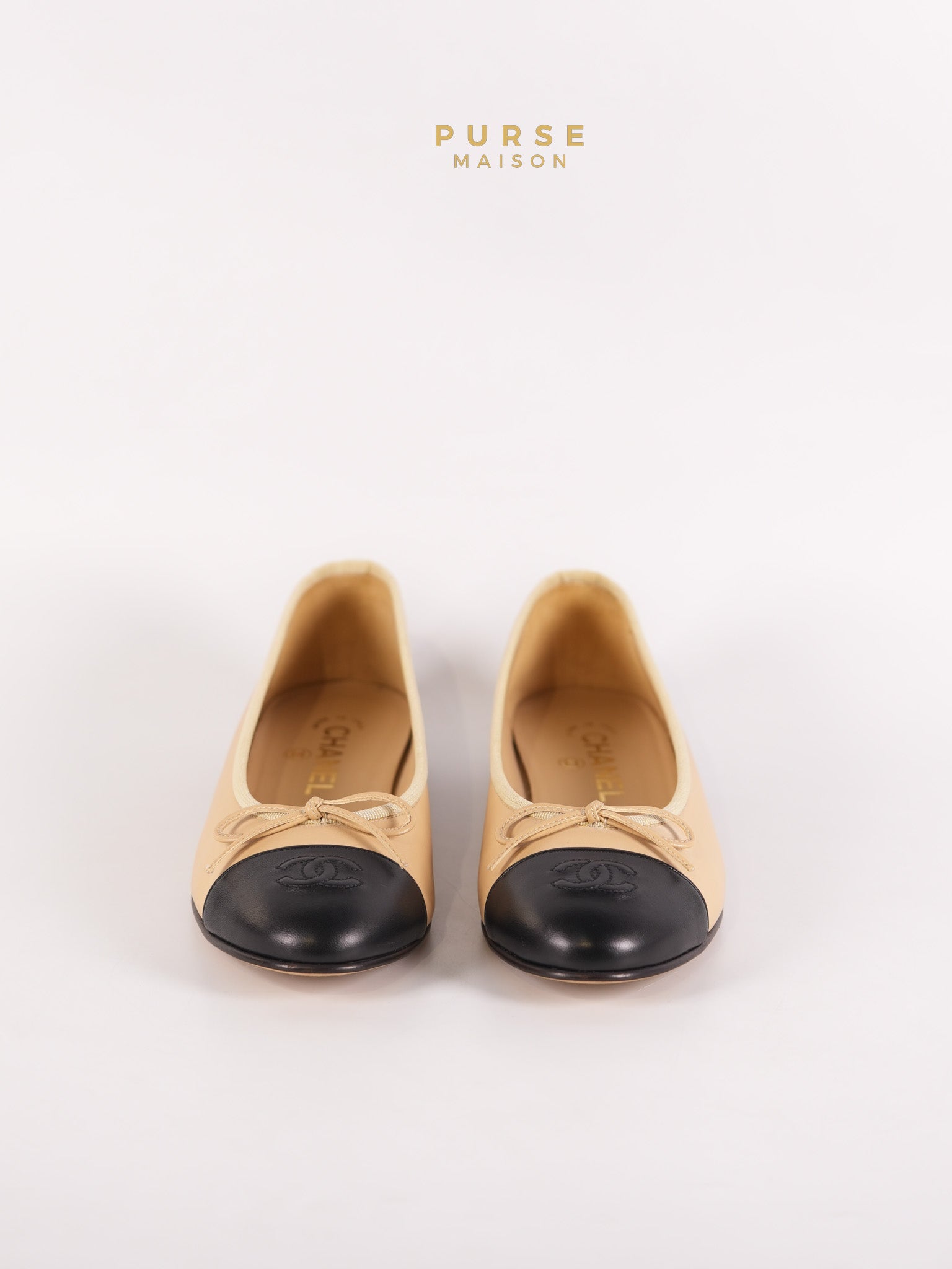 Ballerina Flats Beige & Black Calfskin Leather Size 38 EU(24cm) | Purse Maison Luxury Bags Shop