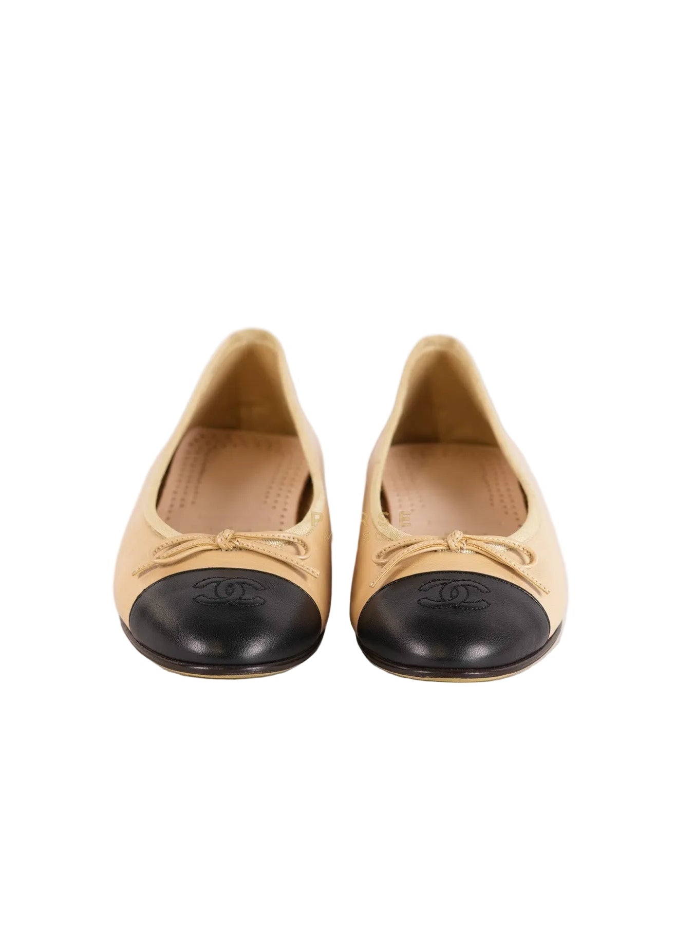 Ballerina Flats Iin Beige & Black Calfskin Leather Size 36.5EU (23 cm) | Purse Maison Luxury Bags Shop