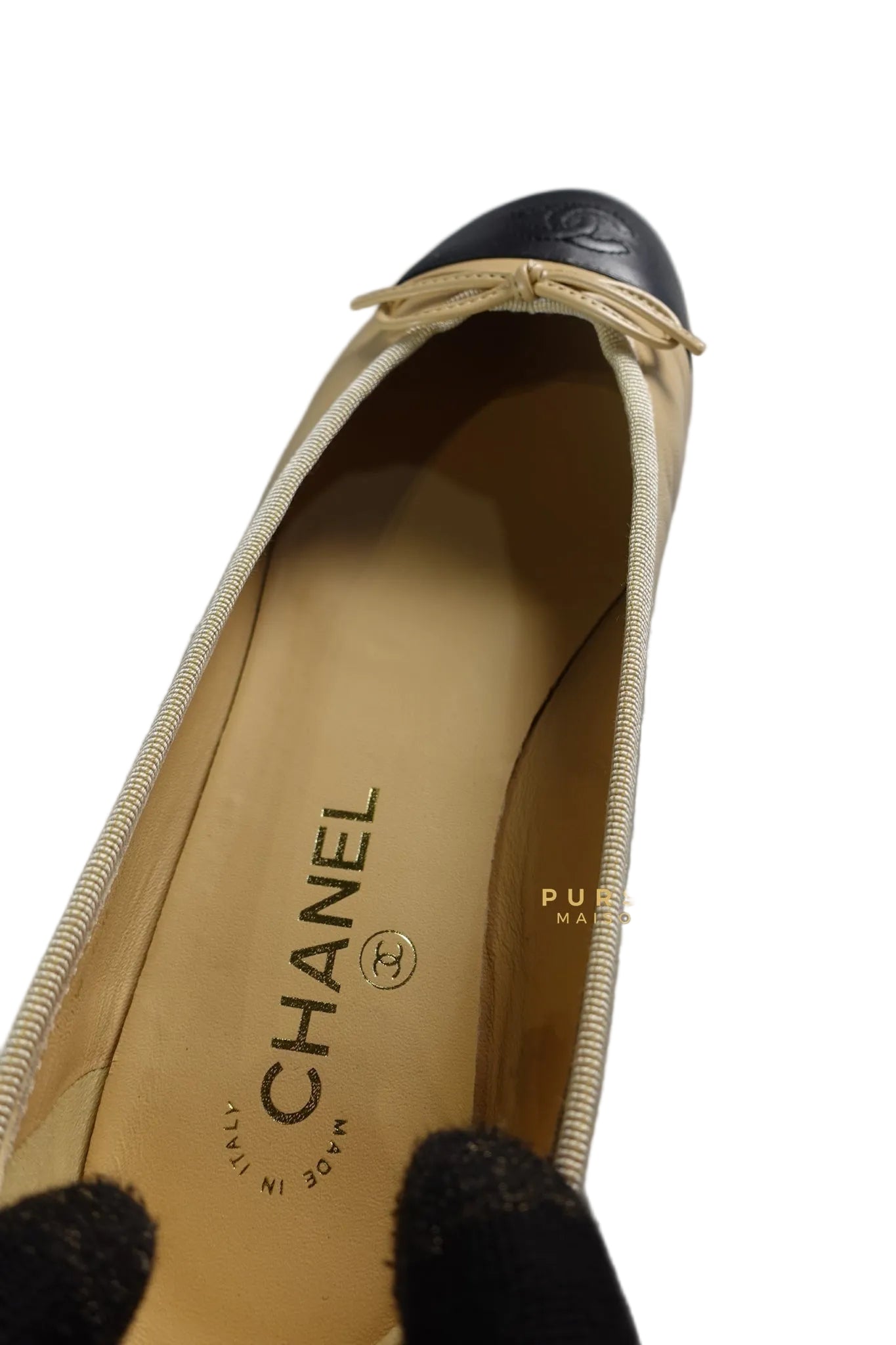 Ballerina Flats Iin Beige & Black Calfskin Leather Size 36.5EU (23 cm) | Purse Maison Luxury Bags Shop