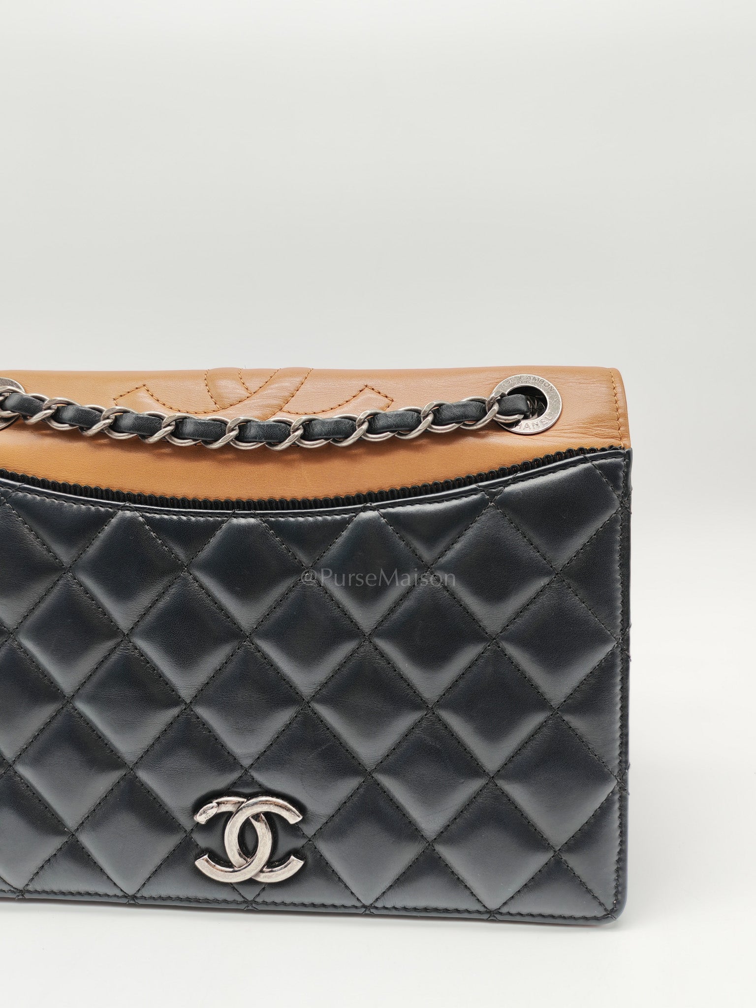 Ballerine Flap Bag in Black/Tan Quilted Lambskin Leather & Ruthenium Hardware Series 23 | Purse Maison Luxury Bags Shop