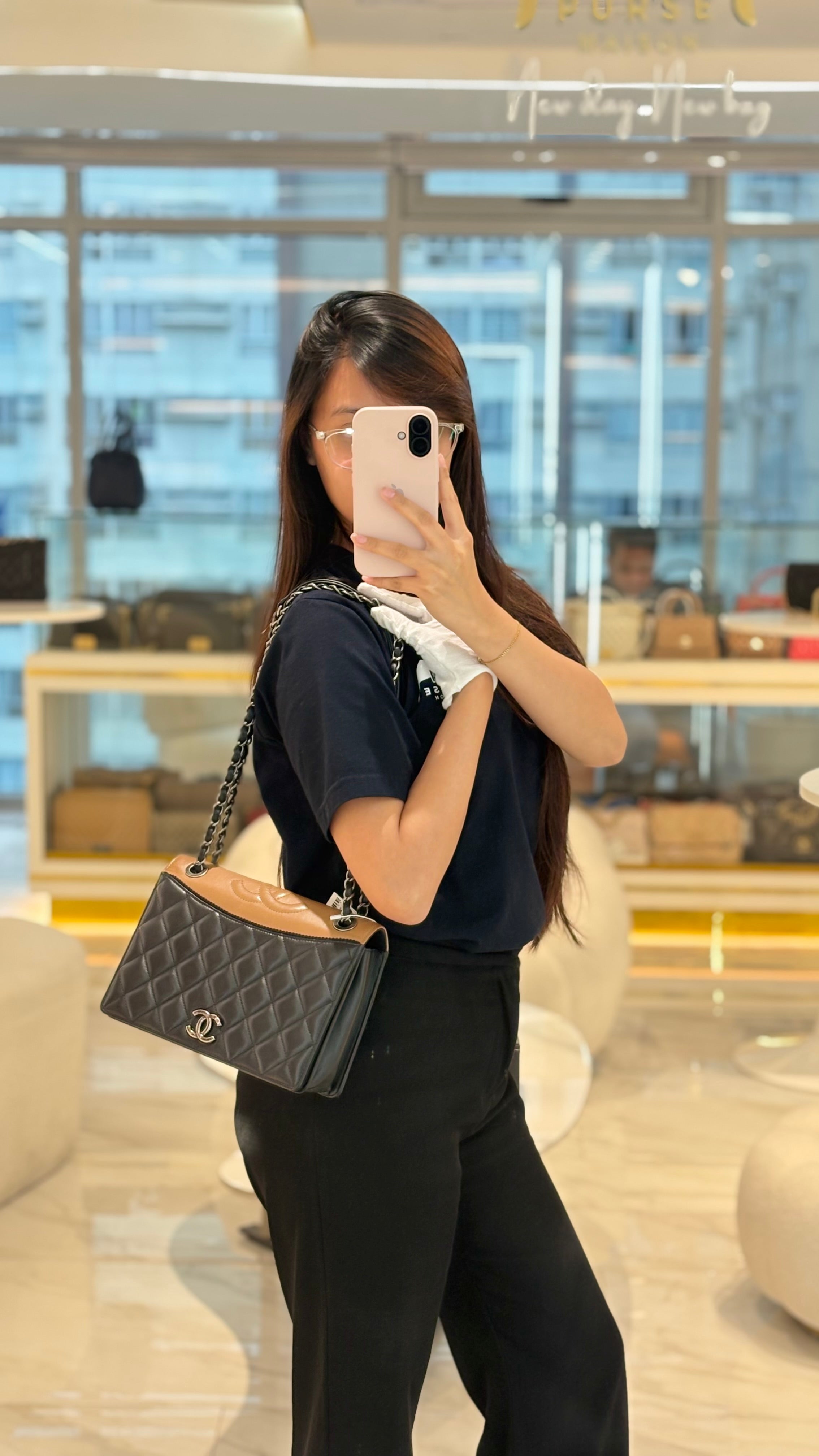 Ballerine Flap Bag in Black/Tan Quilted Lambskin Leather & Ruthenium Hardware Series 23 | Purse Maison Luxury Bags Shop