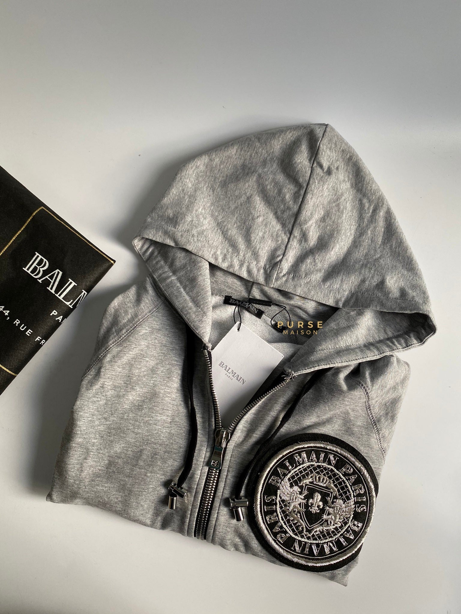 Balmain Gray Logo Cotton Hoodie (Size Extra Small)