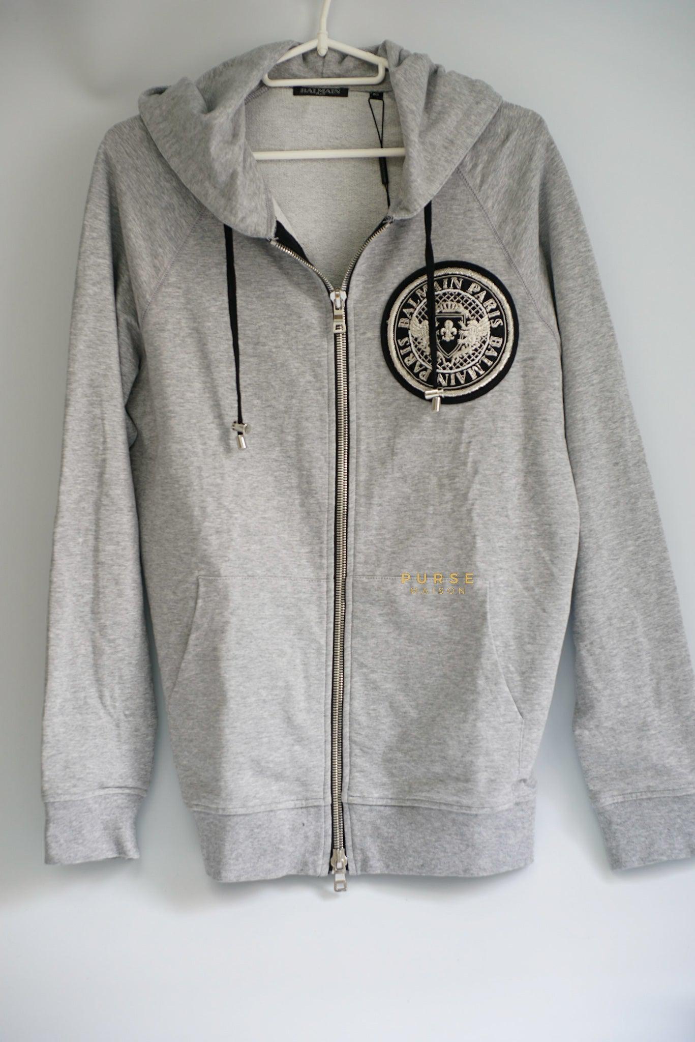 Balmain Gray Logo Cotton Hoodie (Size Extra Small)