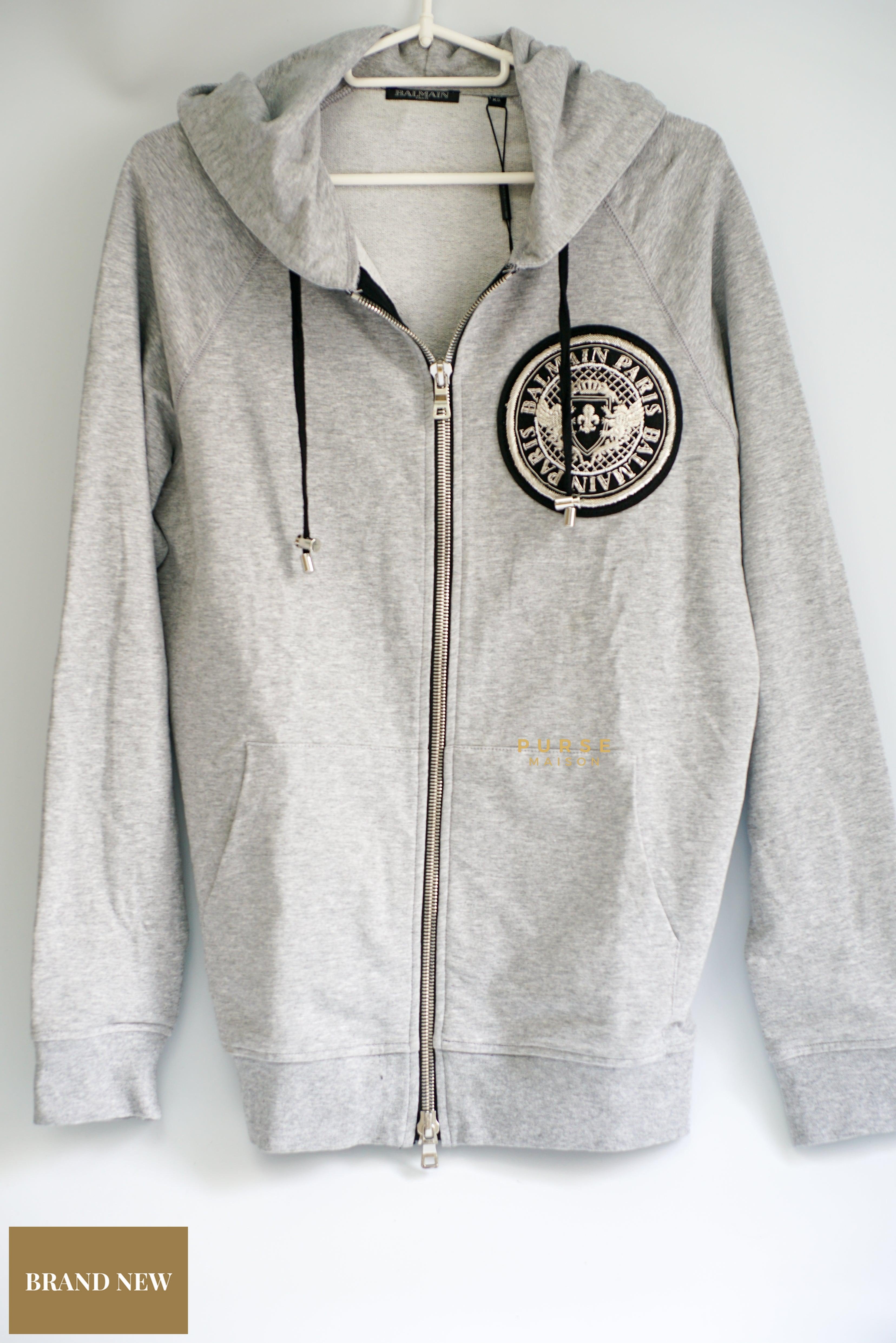 Balmain Gray Logo Cotton Hoodie (Size Extra Small)