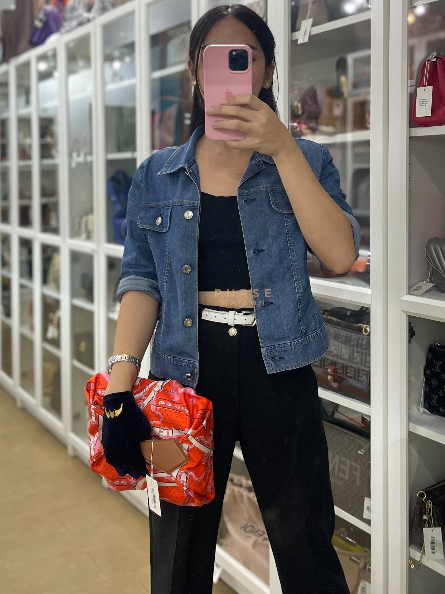 Balusoie in Orange Poppy/Fauve on silk & Hunter Cowhide Leather Stamp B(2023) | Purse Maison Luxury Bags Shop