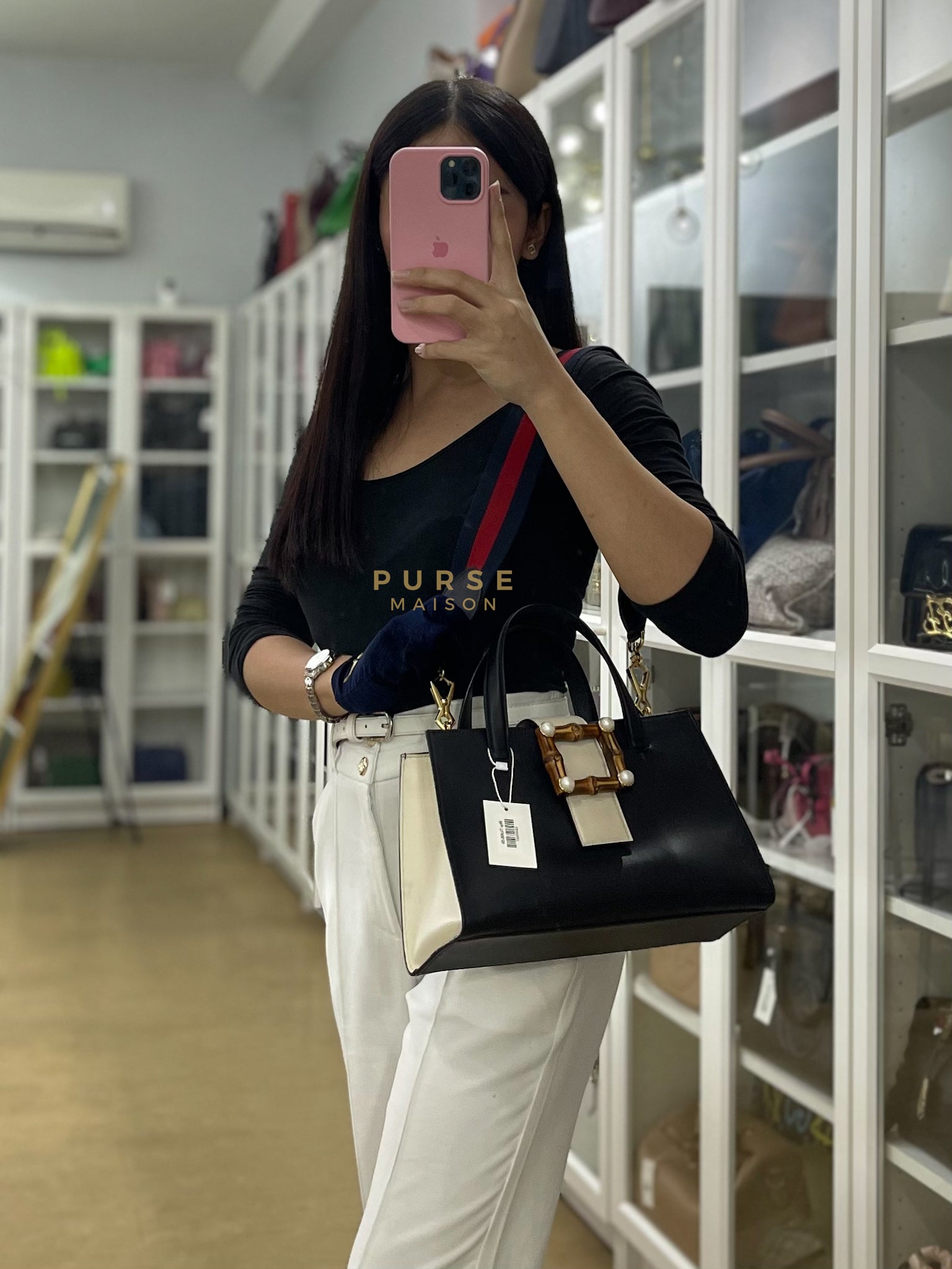 Bamboo Buckle Bi-Color Black/White Tote Bag | Purse Maison Luxury Bags Shop