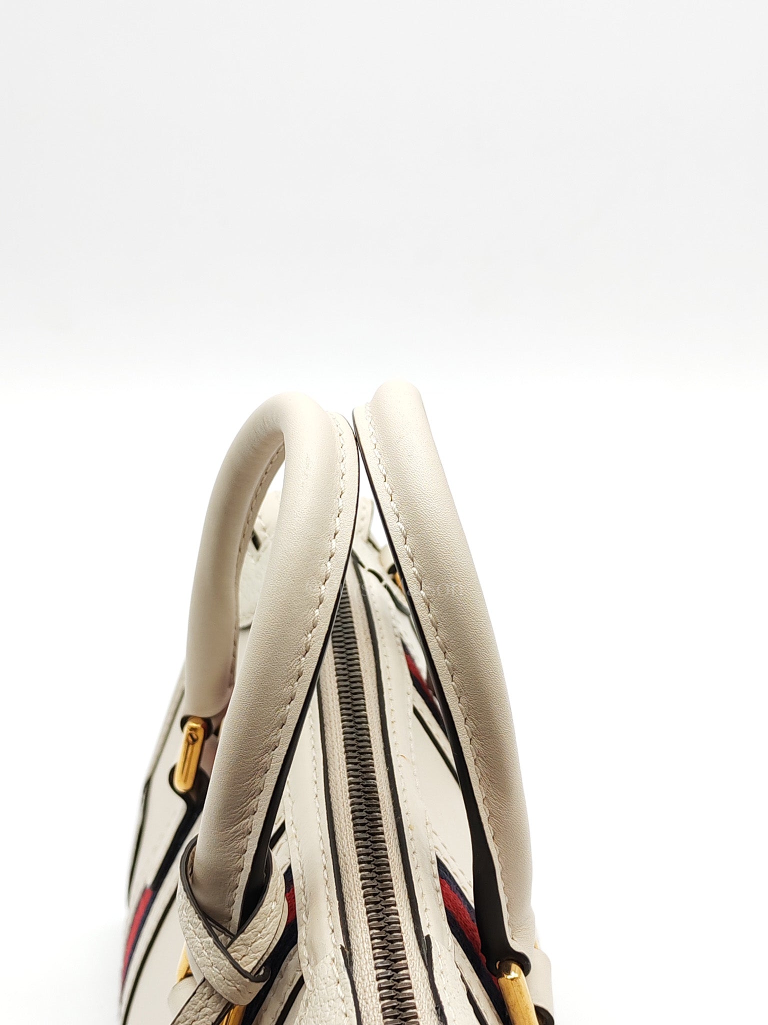 Bauletto Duffle Top Handle Bag Mini in Mystic White Koi Calfskin Web Leather | Purse Maison Luxury Bags Shop