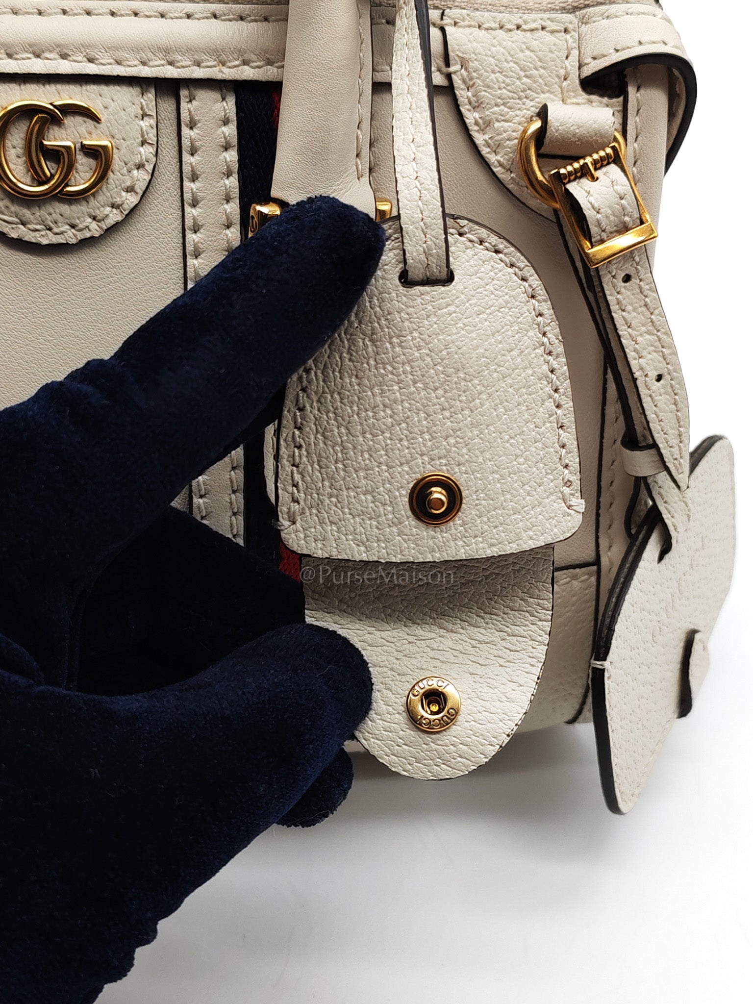 Bauletto Duffle Top Handle Bag Mini in Mystic White Koi Calfskin Web Leather | Purse Maison Luxury Bags Shop