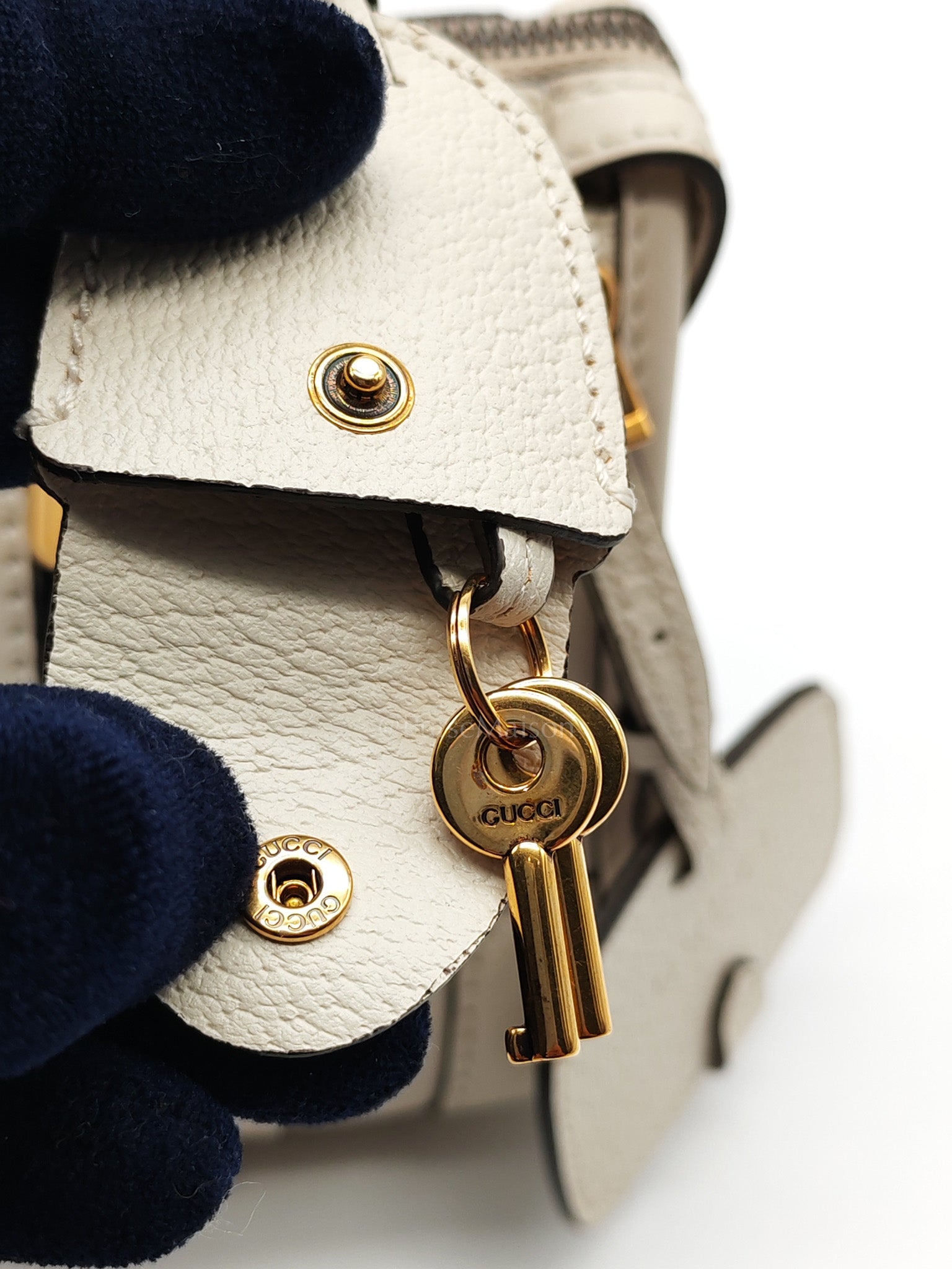 Bauletto Duffle Top Handle Bag Mini in Mystic White Koi Calfskin Web Leather | Purse Maison Luxury Bags Shop