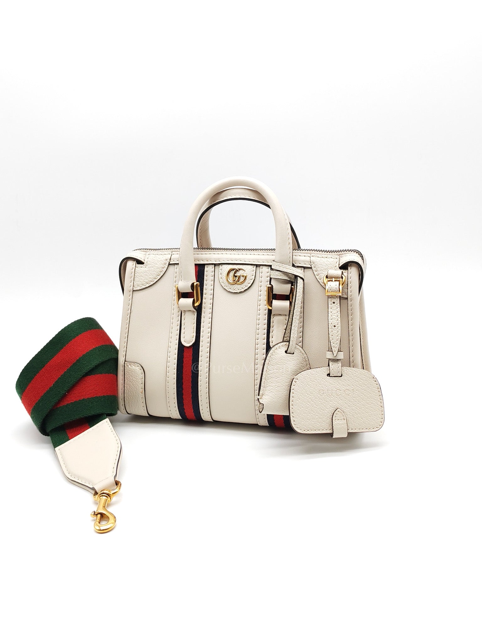 Bauletto Duffle Top Handle Bag Mini in Mystic White Koi Calfskin Web Leather | Purse Maison Luxury Bags Shop