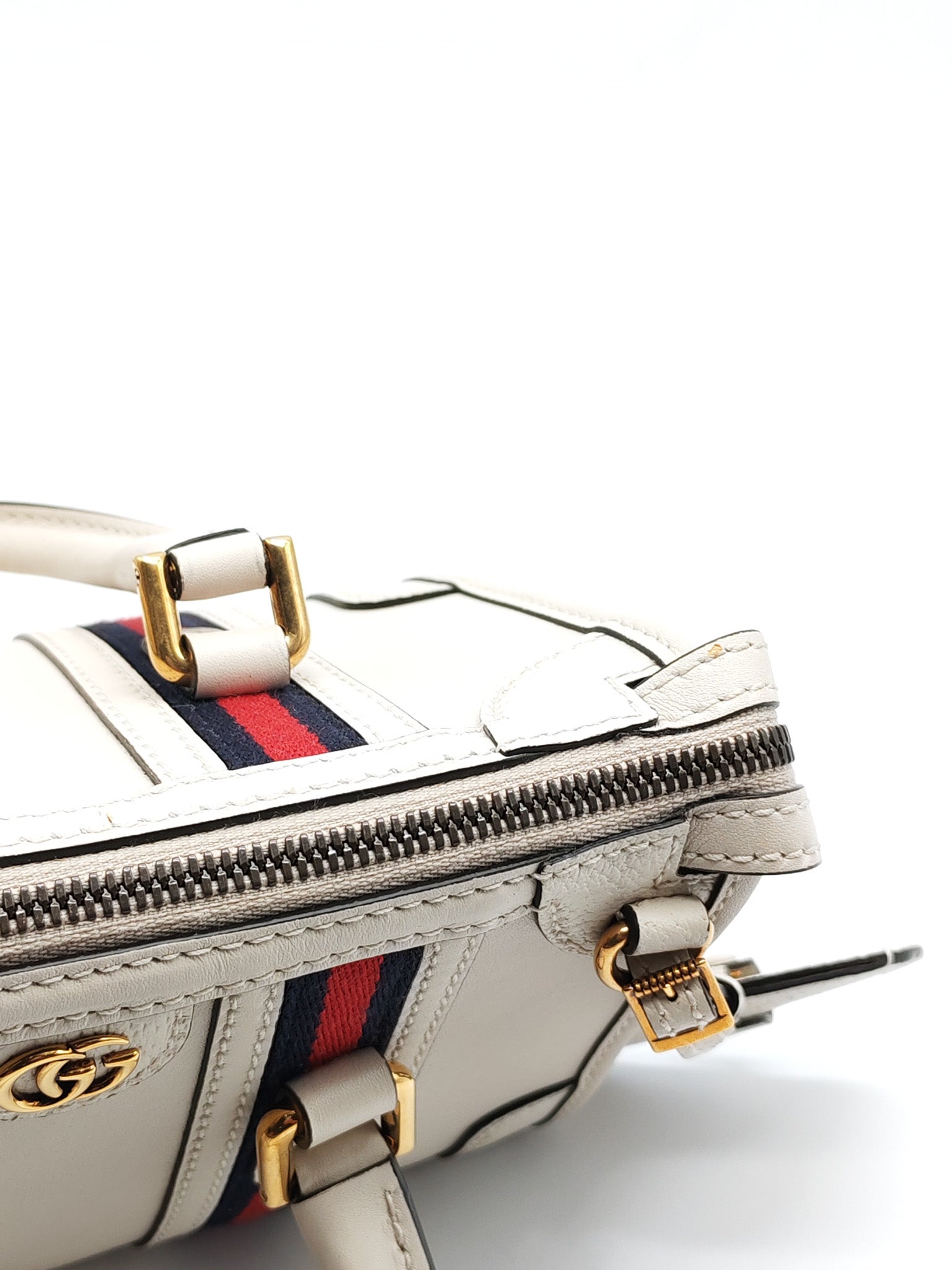 Bauletto Duffle Top Handle Bag Mini in Mystic White Koi Calfskin Web Leather | Purse Maison Luxury Bags Shop