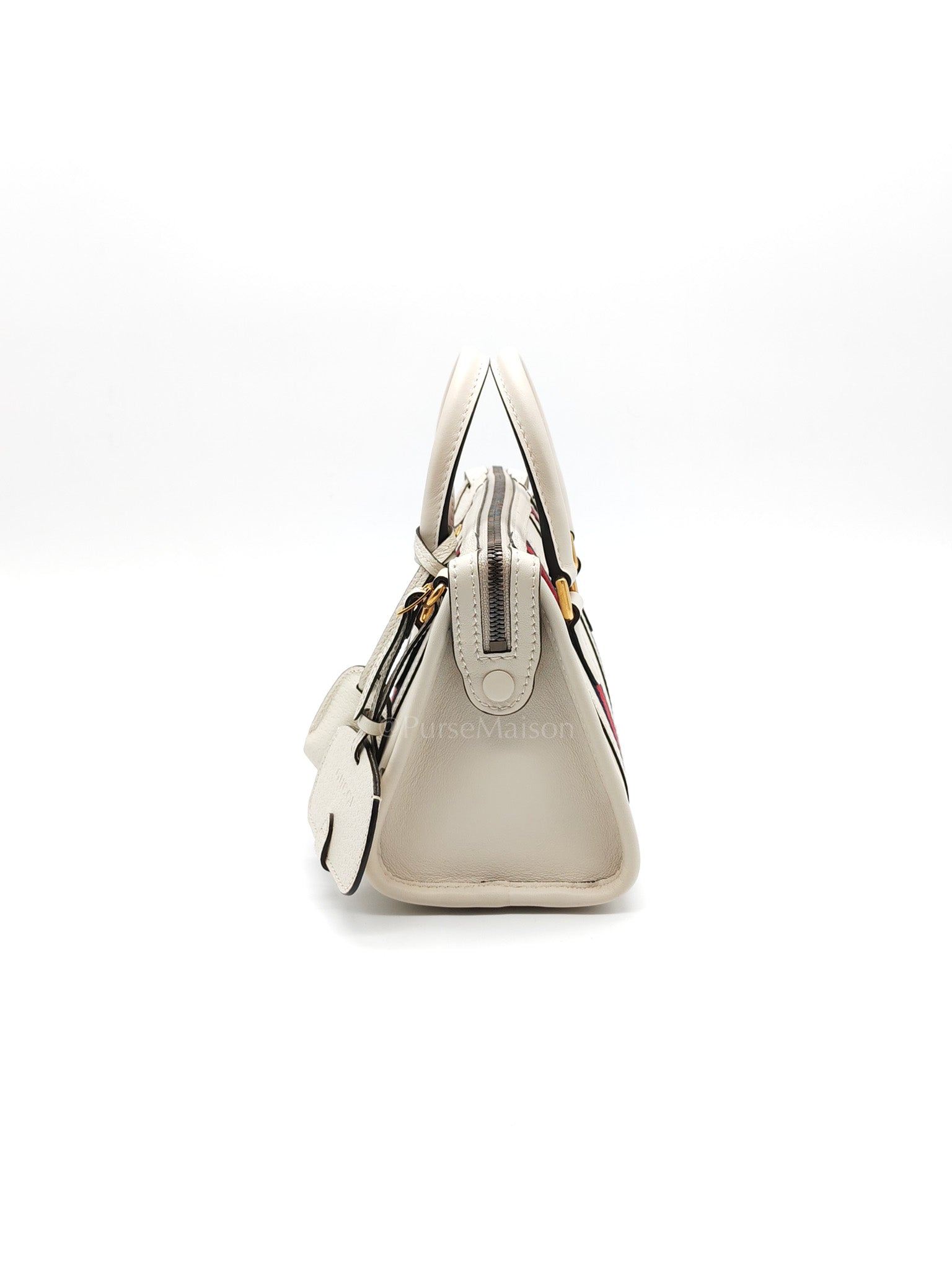 Bauletto Duffle Top Handle Bag Mini in Mystic White Koi Calfskin Web Leather | Purse Maison Luxury Bags Shop