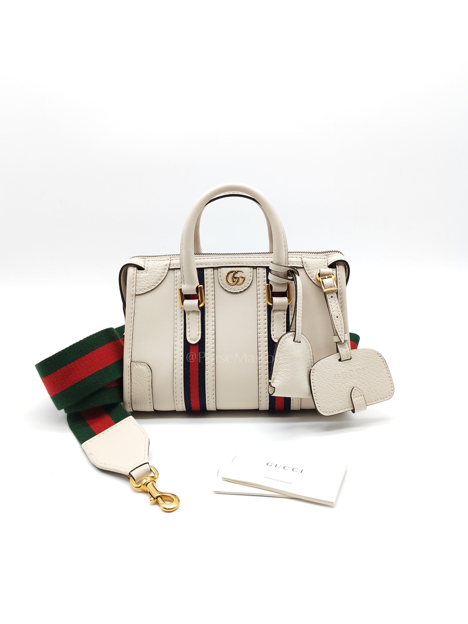 Bauletto Duffle Top Handle Bag Mini in Mystic White Koi Calfskin Web Leather | Purse Maison Luxury Bags Shop