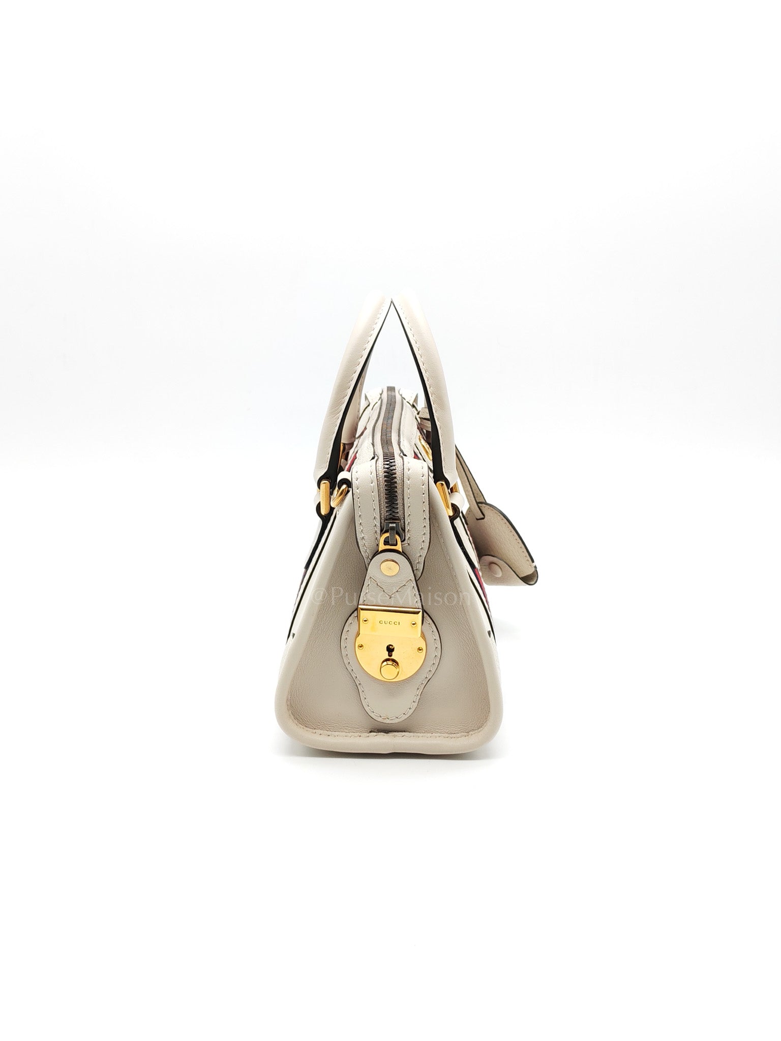 Bauletto Duffle Top Handle Bag Mini in Mystic White Koi Calfskin Web Leather | Purse Maison Luxury Bags Shop